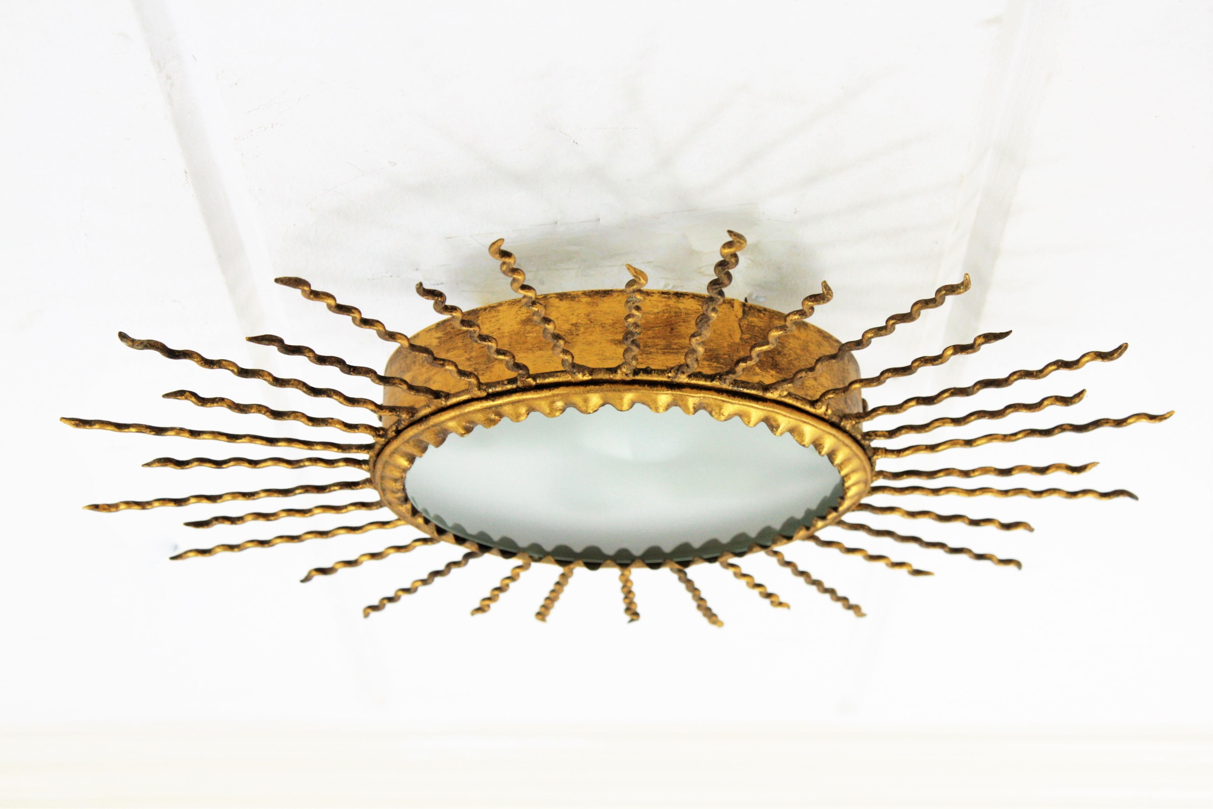 Sunburst Light Fixture or Sunburst Mirror in Gilt Iron, 1950s 4