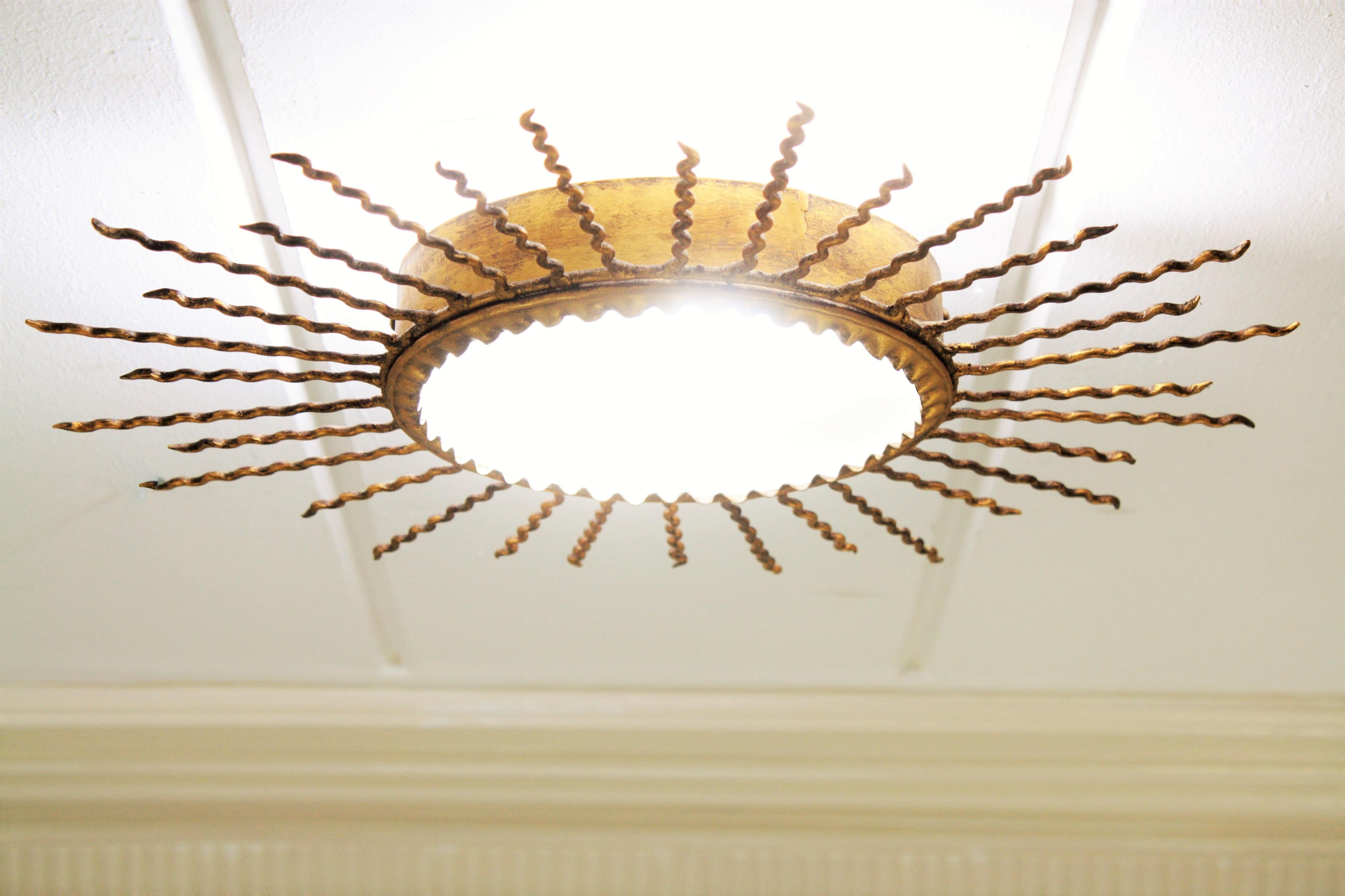 Sunburst Light Fixture or Sunburst Mirror in Gilt Iron, 1950s 5
