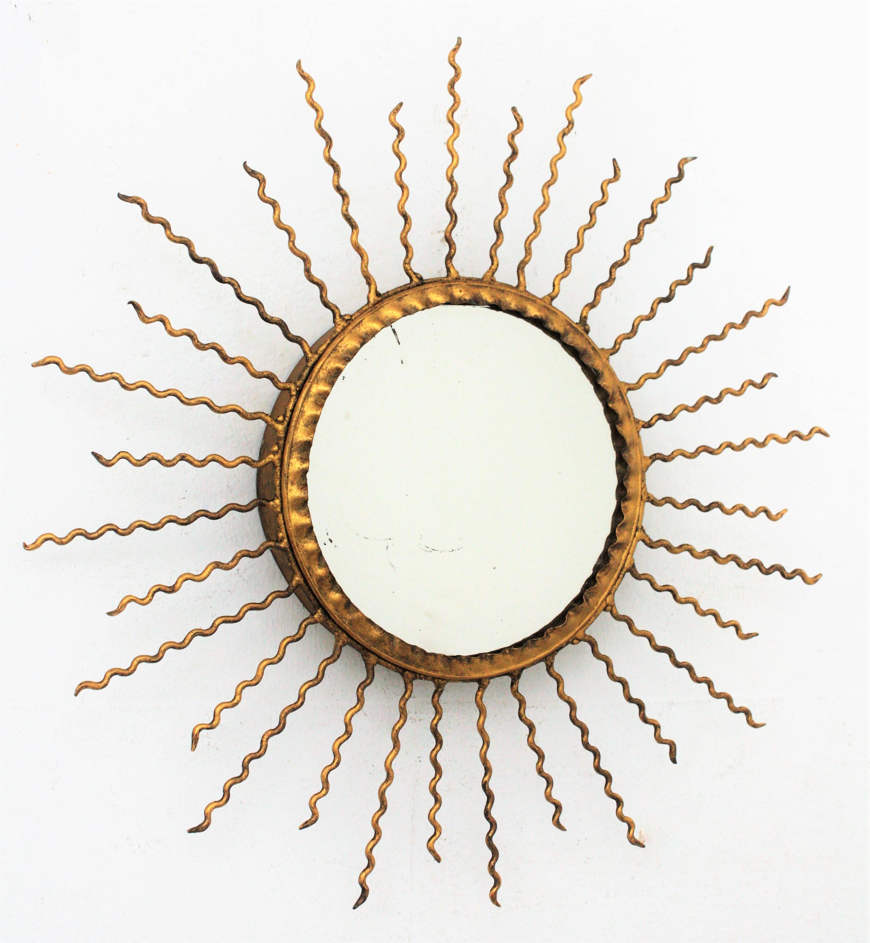 Frosted Sunburst Light Fixture or Sunburst Mirror in Gilt Iron, 1950s