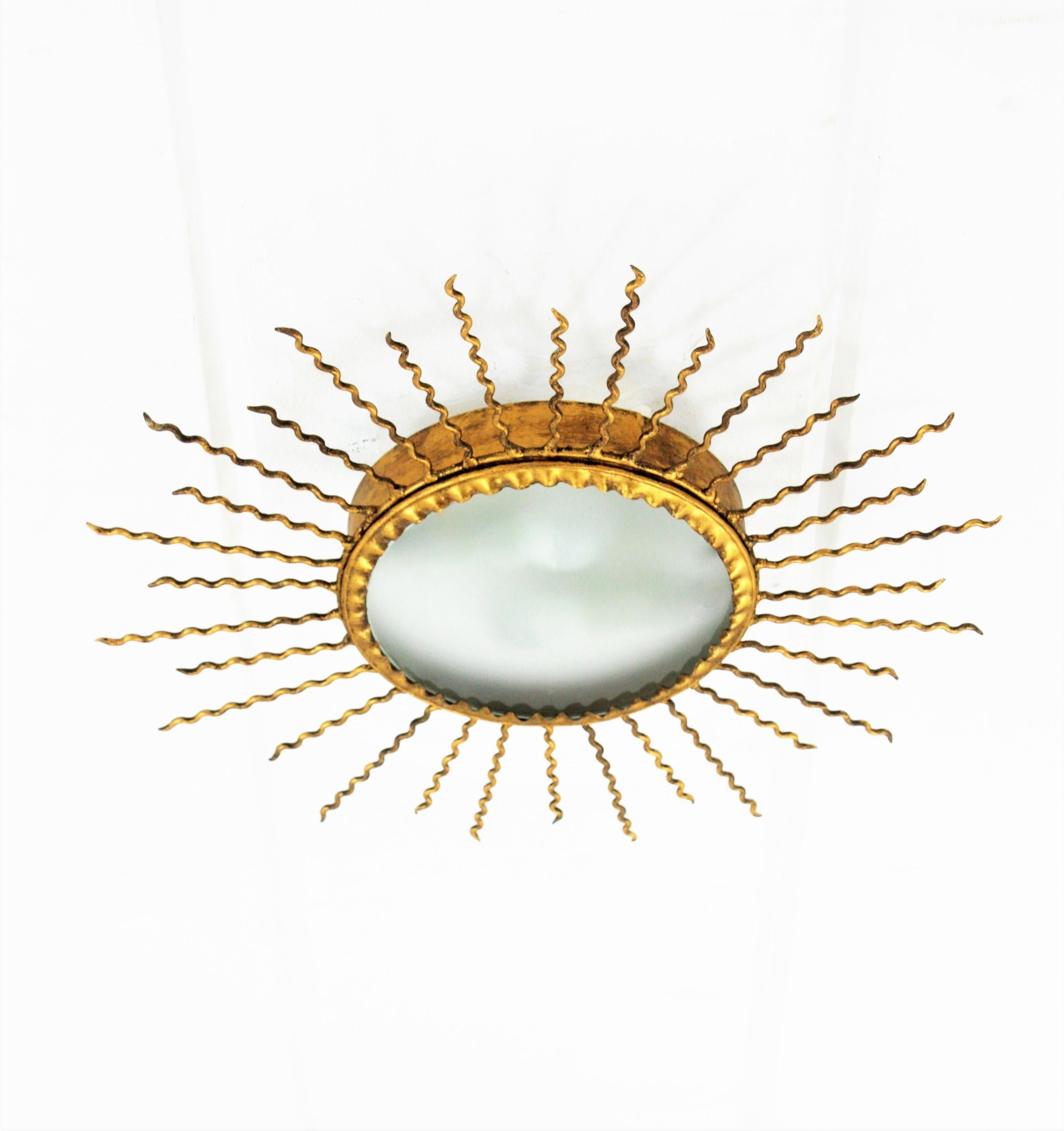 Sunburst Light Fixture or Sunburst Mirror in Gilt Iron, 1950s 1