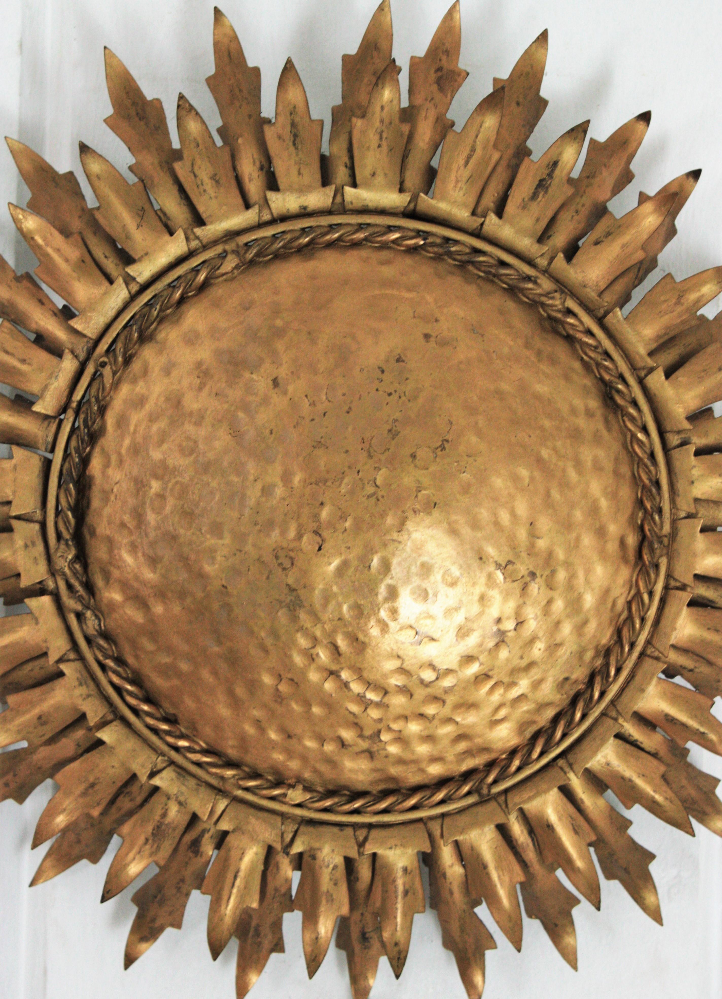 Spanish Sunburst Light Fixture / Wall Sconce in Gilt Metal, 1960s For Sale