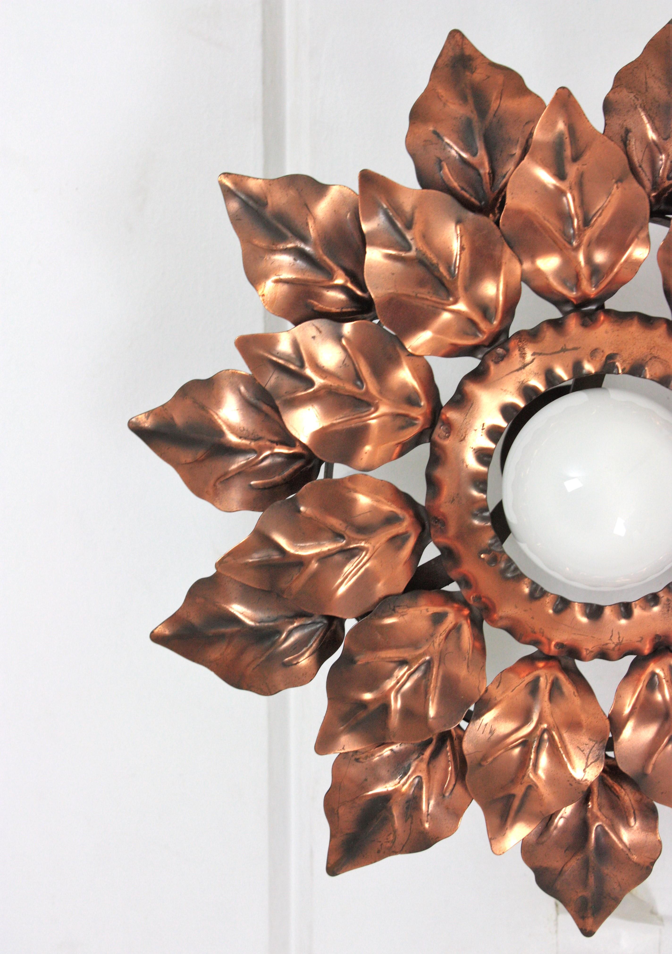 Sunburst Light Fixture with Double Leafed Frame in Coppered Gilt Iron, 1950 For Sale 6