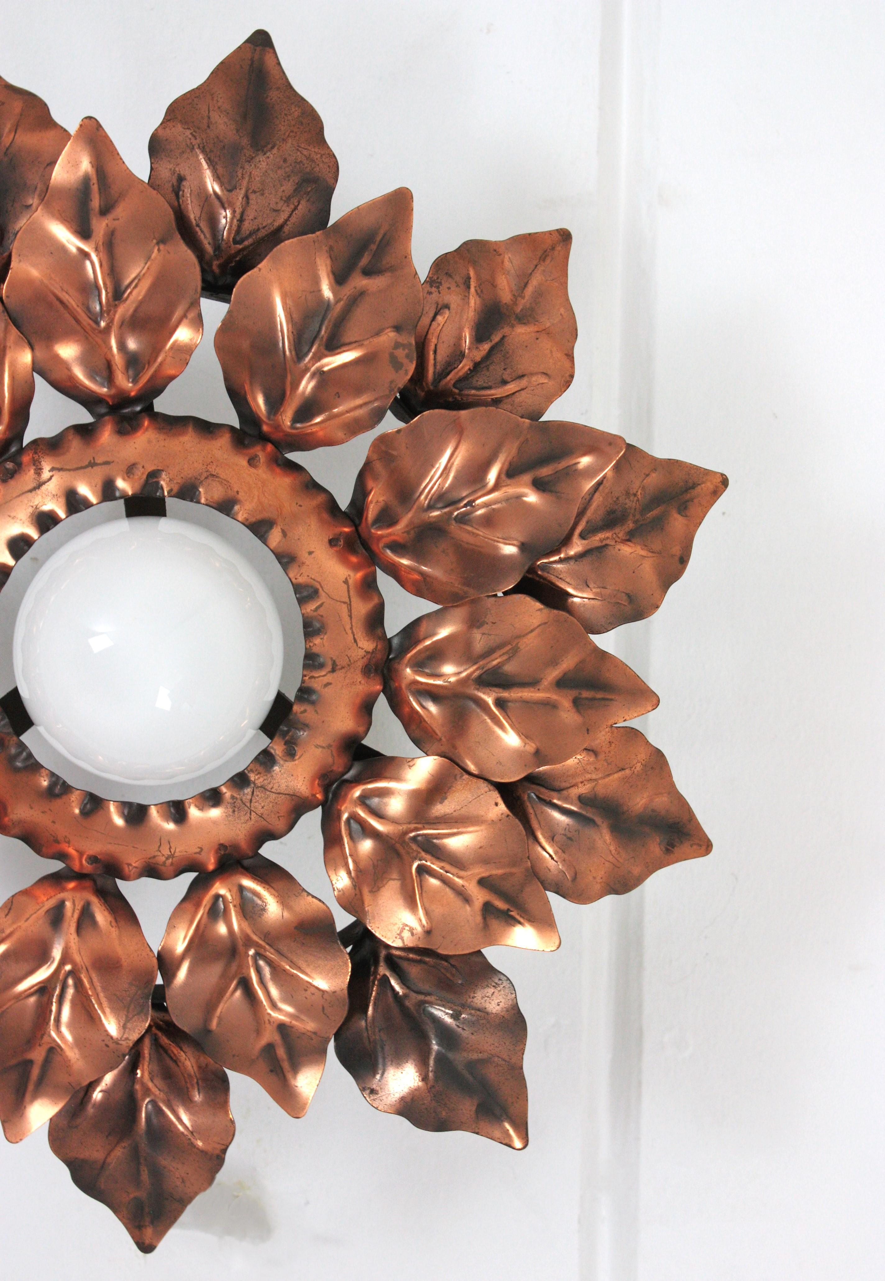 Sunburst Light Fixture with Double Leafed Frame in Coppered Gilt Iron, 1950 For Sale 7