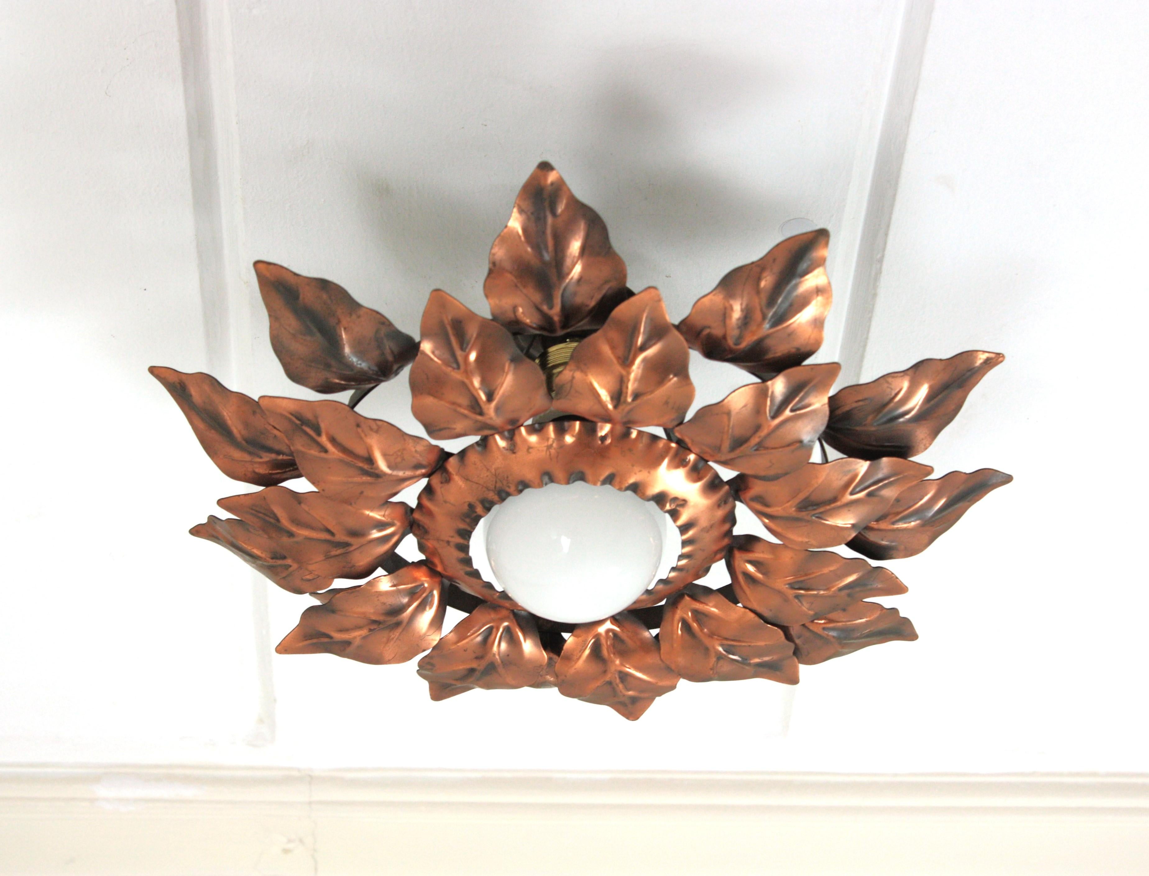 Sunburst Light Fixture with Double Leafed Frame in Coppered Gilt Iron, 1950 For Sale 10