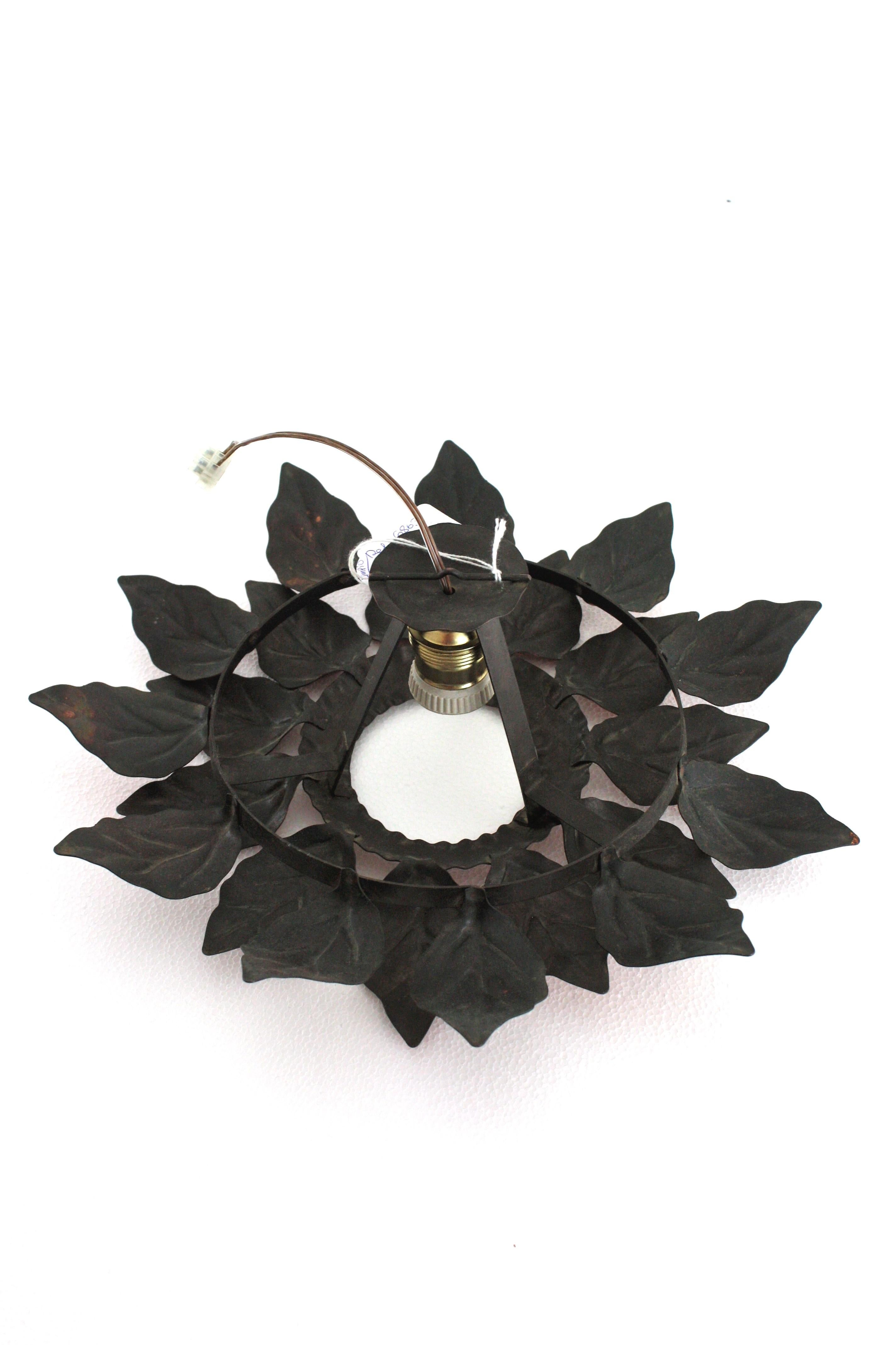 Sunburst Light Fixture with Double Leafed Frame in Coppered Gilt Iron, 1950 For Sale 12