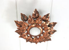Sunburst Light Fixture with Double Leafed Frame in Coppered Gilt Iron, 1950