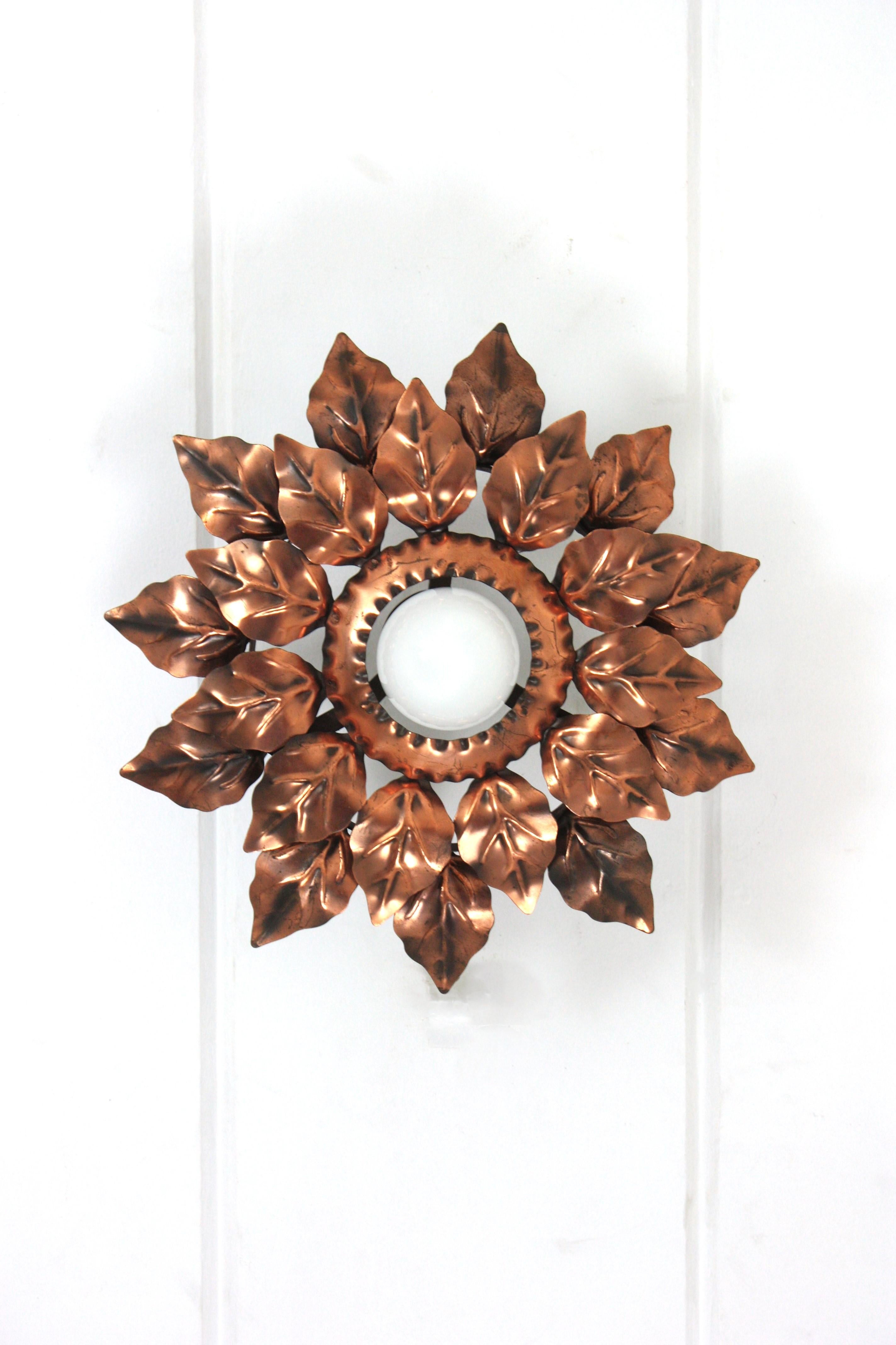 Sunburst Light Fixture with Double Leafed Frame in Coppered Gilt Iron, 1950 For Sale 1