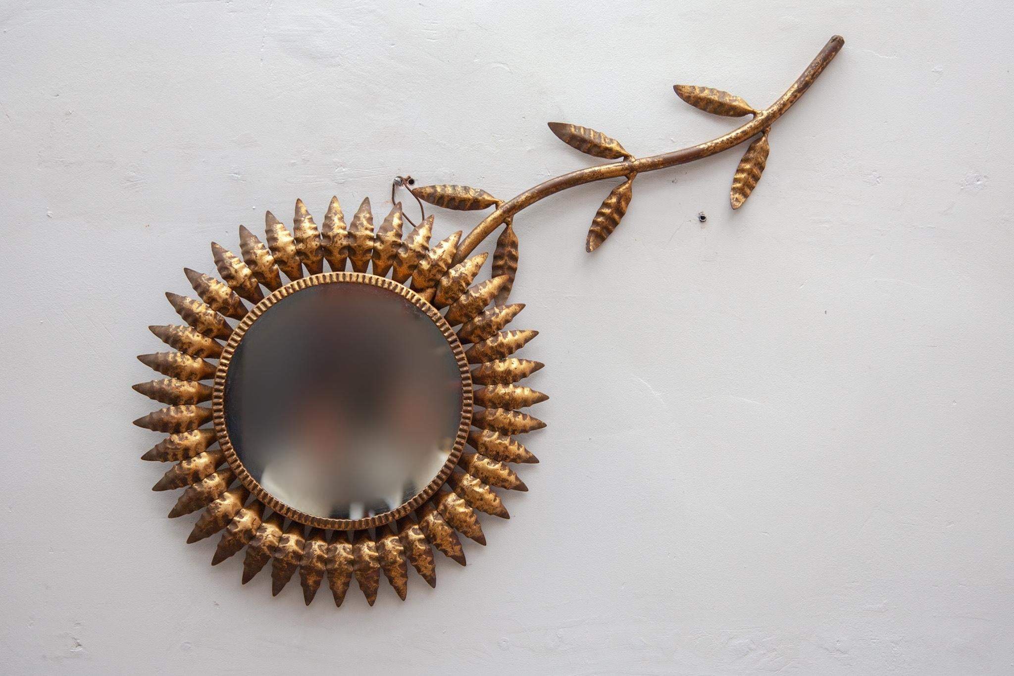 Beautiful Flower style Sunburst mirror, designed and hand made of copper, wood and a convex mirror, France, 1950s. A very rare piece of a sunburst wall mirror. A very decorative piece for your interior.


