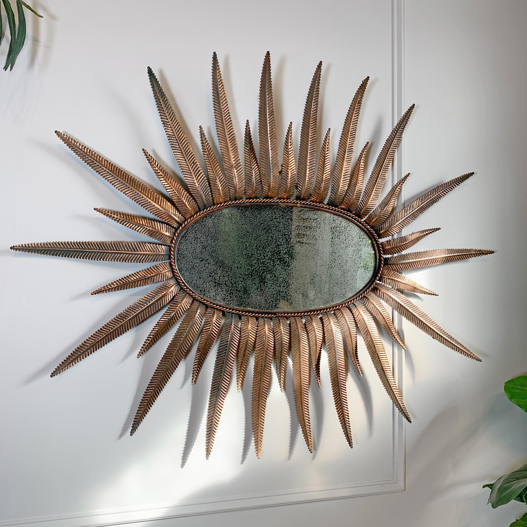 Hand-Crafted Sunburst Mirror 1970's Feathered Copper Italian For Sale