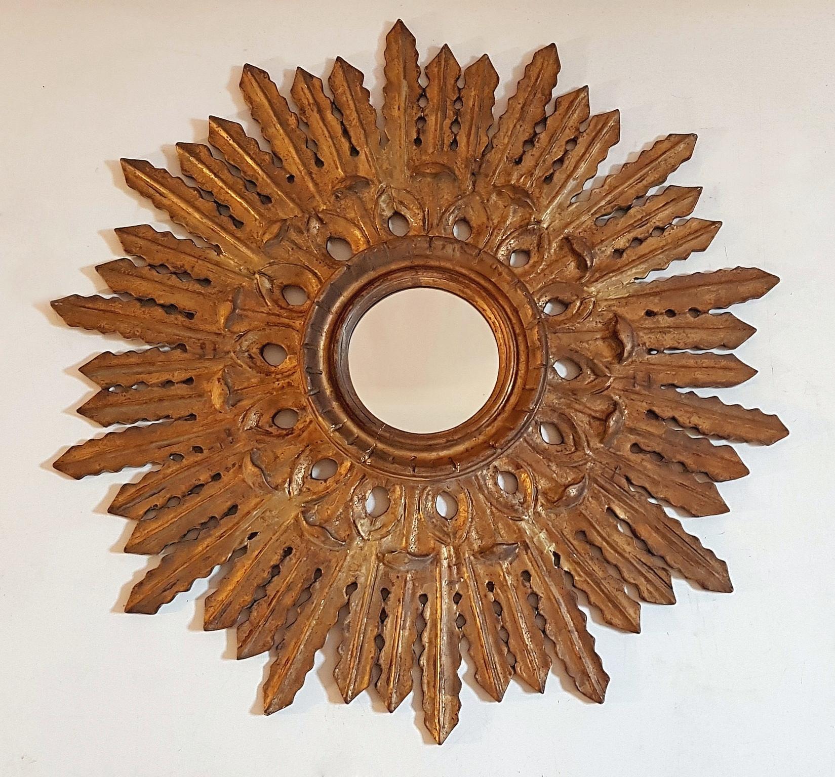 Spanish Sunburst Mirror Baroque Style Carved Giltwood Spain