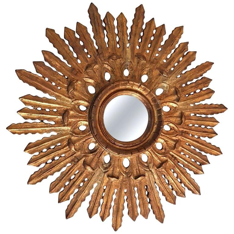 Sunburst Mirror Baroque Style Carved Giltwood Spain