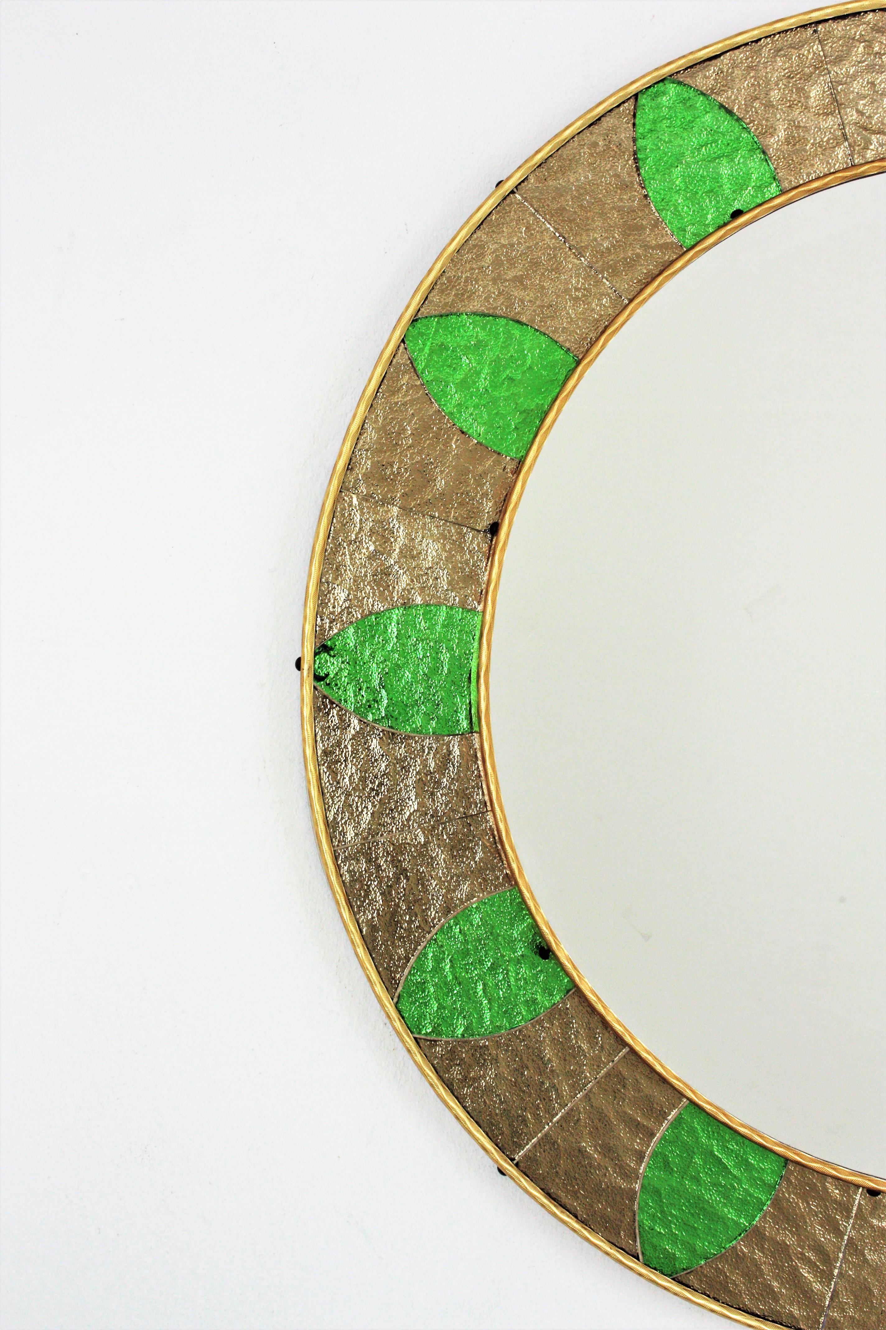 Spanish Round Wall Mirror with Sunburst Bronze Green Glass Mosaic Frame, 1960s For Sale