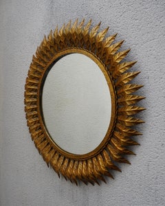 Sunburst Mirror, Framed with Gold-colored Metal Leaves, Italy 1970