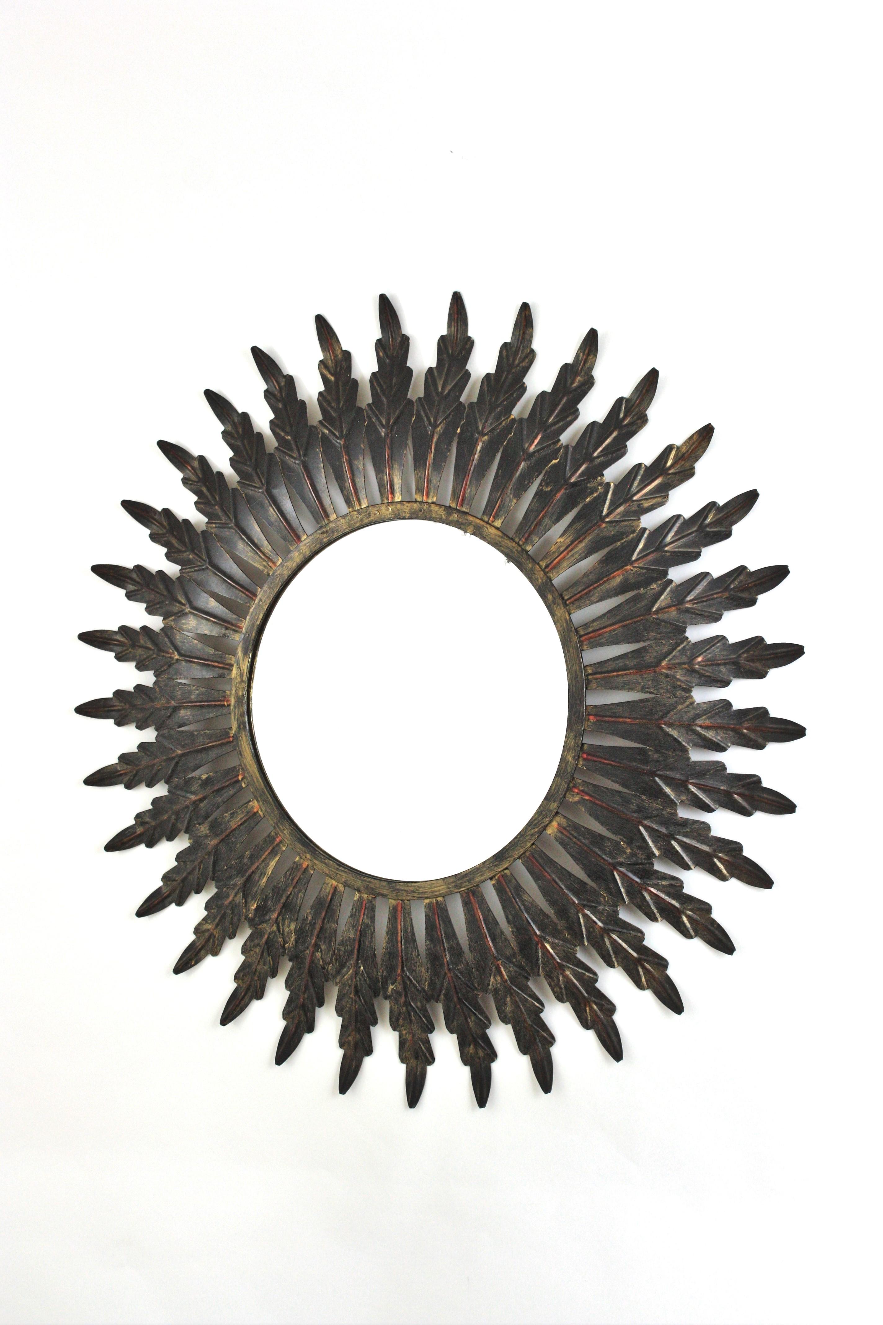 Sunburst Mirror in Black Patinated Metal, Spain 1960 For Sale 4