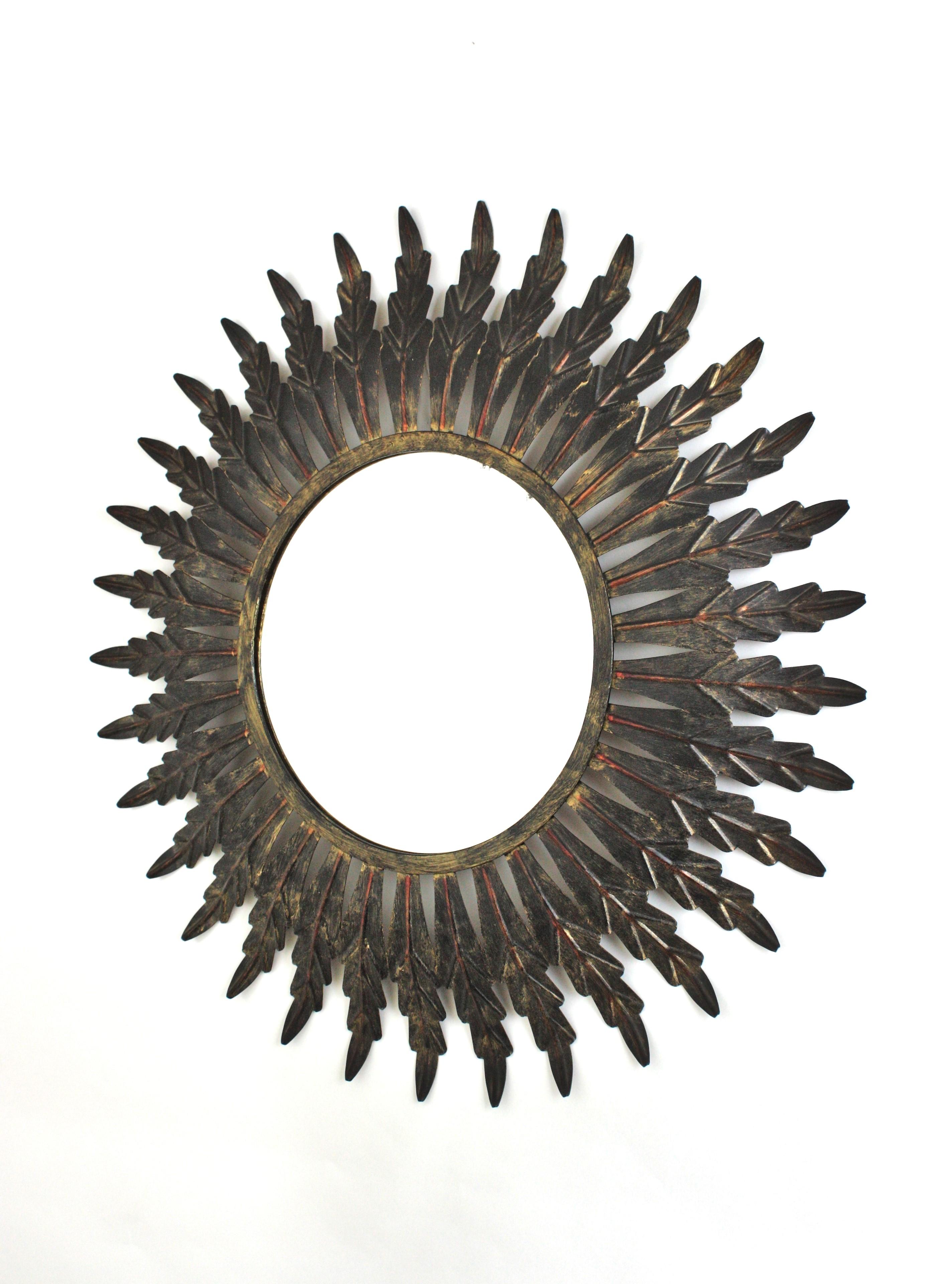 Sunburst Mirror in Black Patinated Metal, Spain 1960 For Sale 5