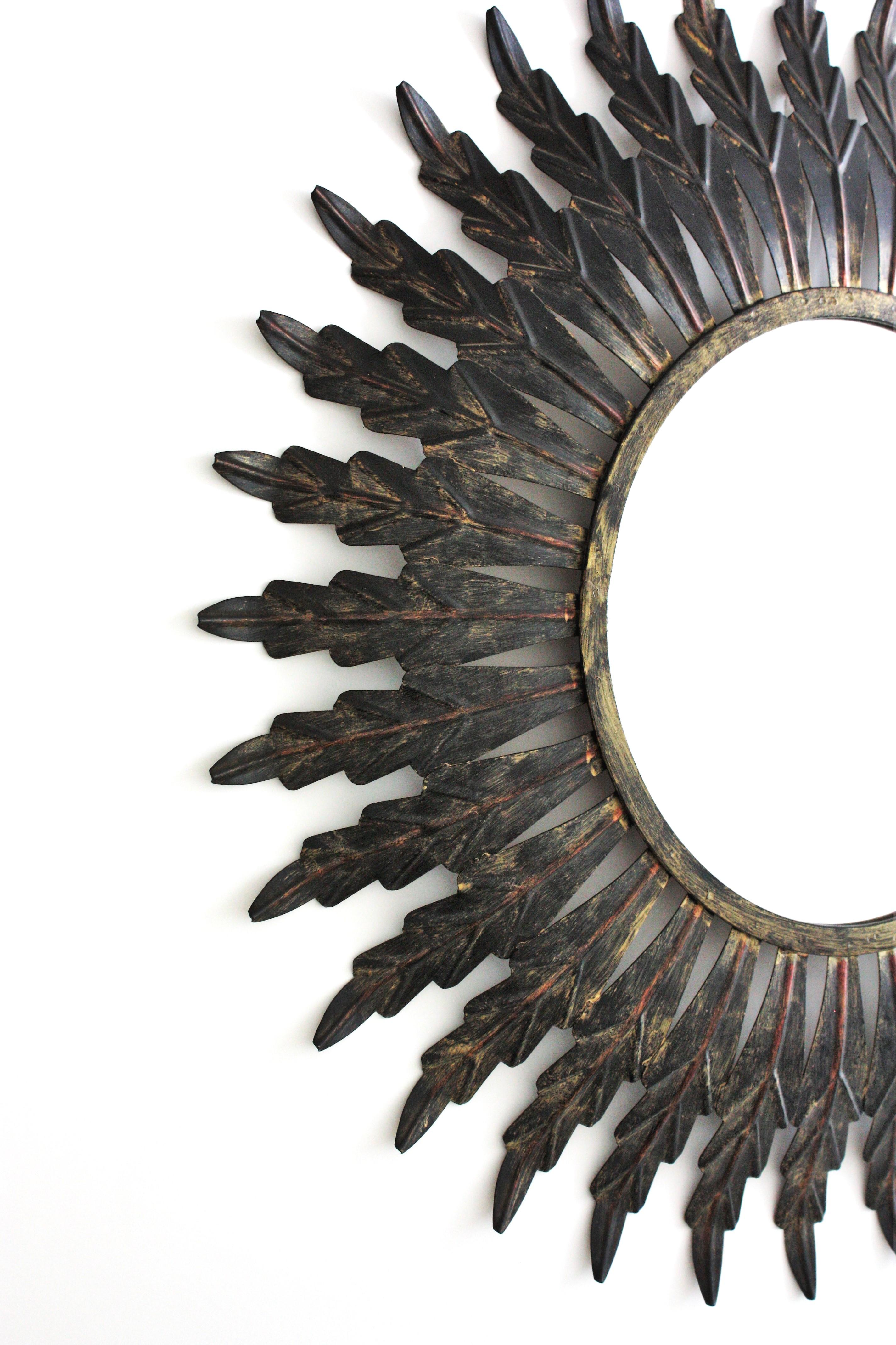 Spanish Sunburst Mirror in Black Patinated Metal, Spain 1960 For Sale