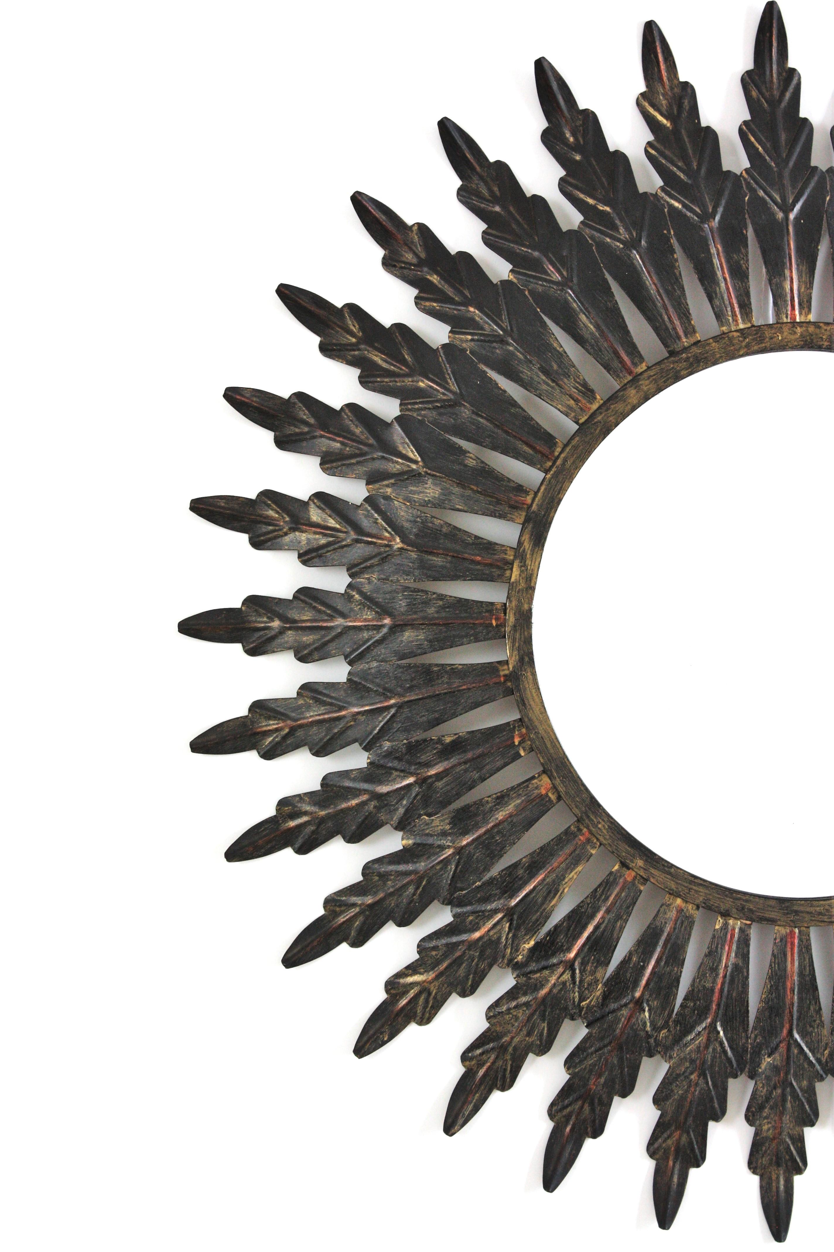 Sunburst Mirror in Black Patinated Metal, Spain 1960 For Sale 1