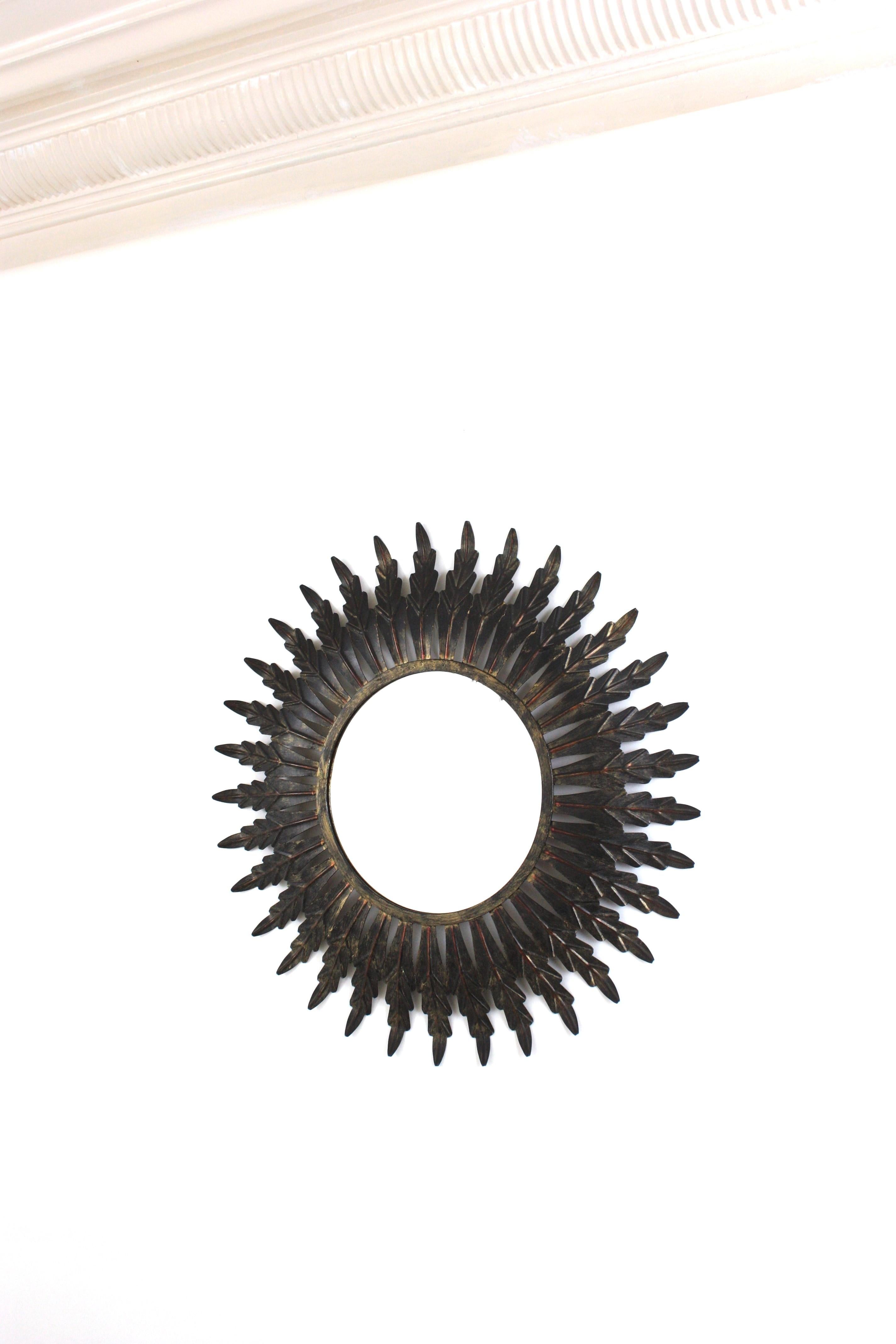 Sunburst Mirror in Black Patinated Metal, Spain 1960 For Sale 3