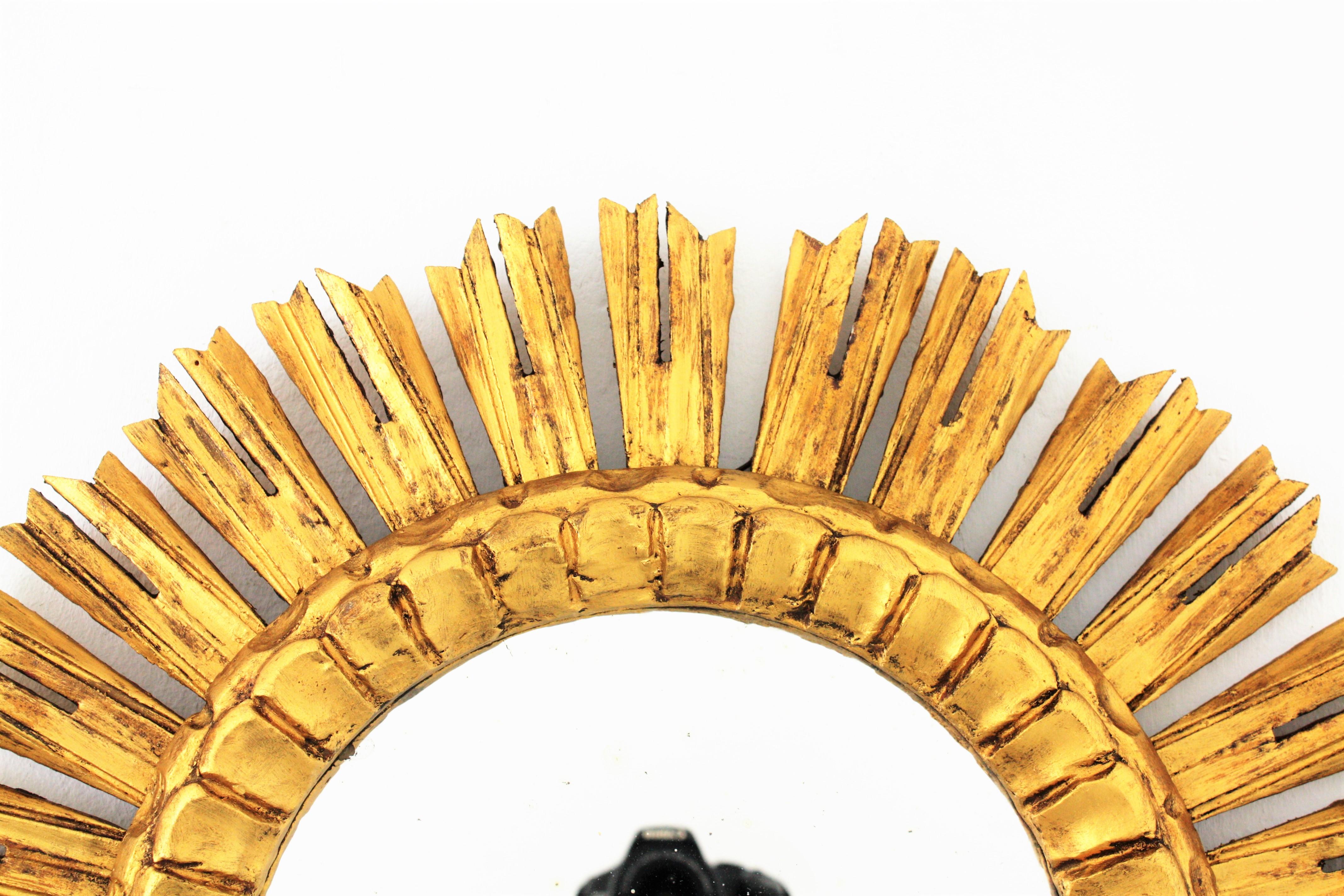 Wood Sunburst Mirror in Carved Giltwood in Baroque Style, France, 1930s For Sale