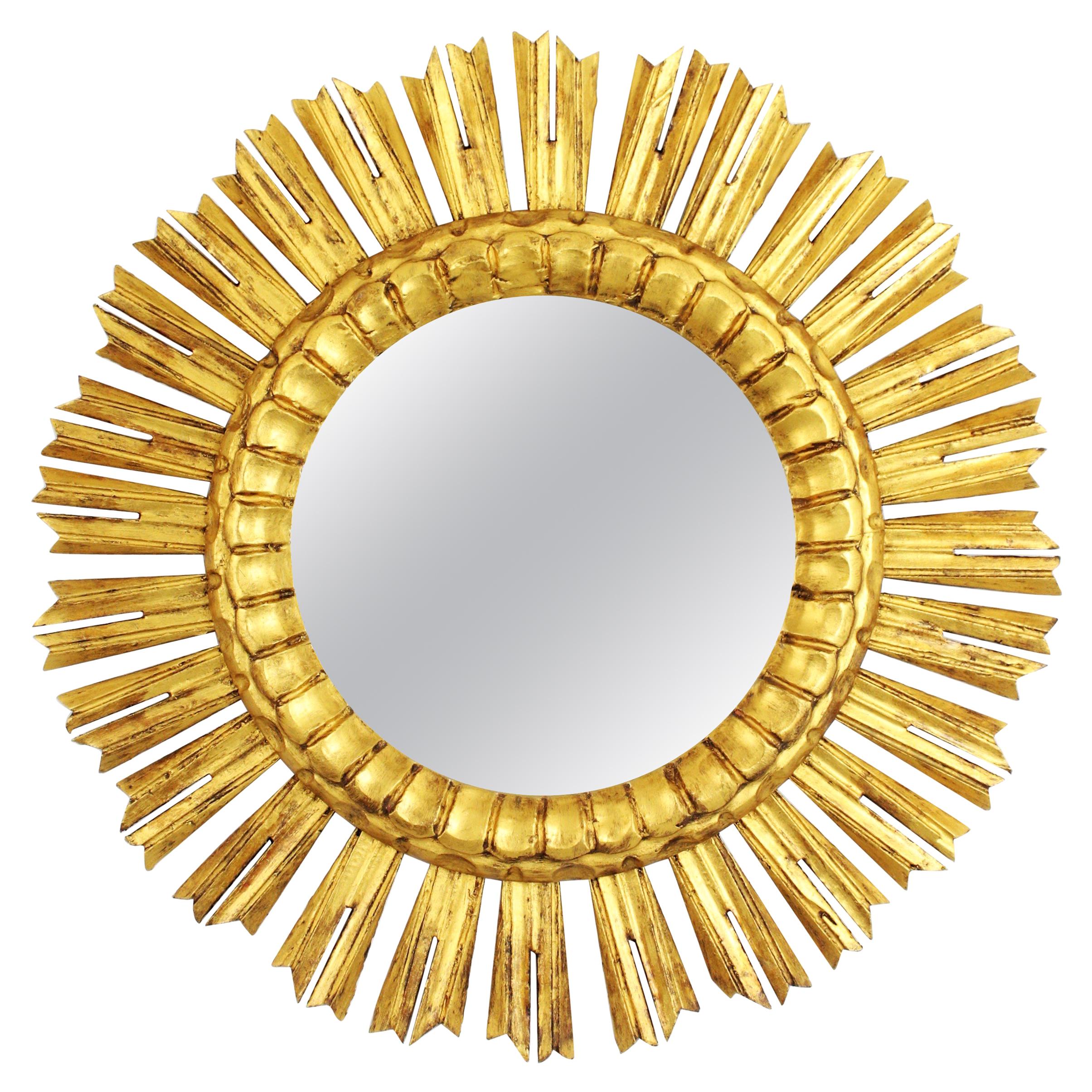 Sunburst Mirror in Carved Giltwood in Baroque Style, France, 1930s For Sale