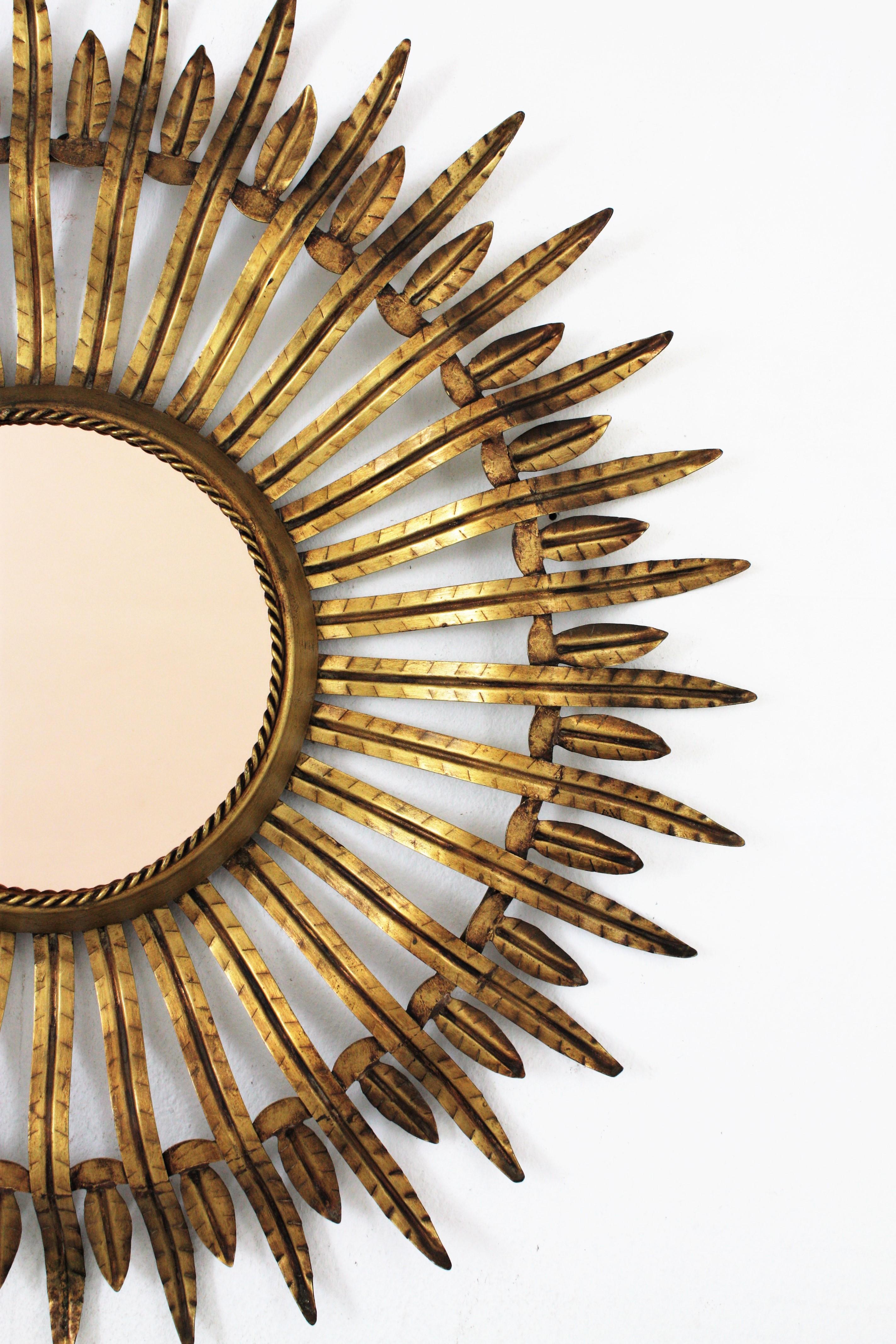 Spanish Sunburst Mirror in Gilt Iron, 1960s For Sale