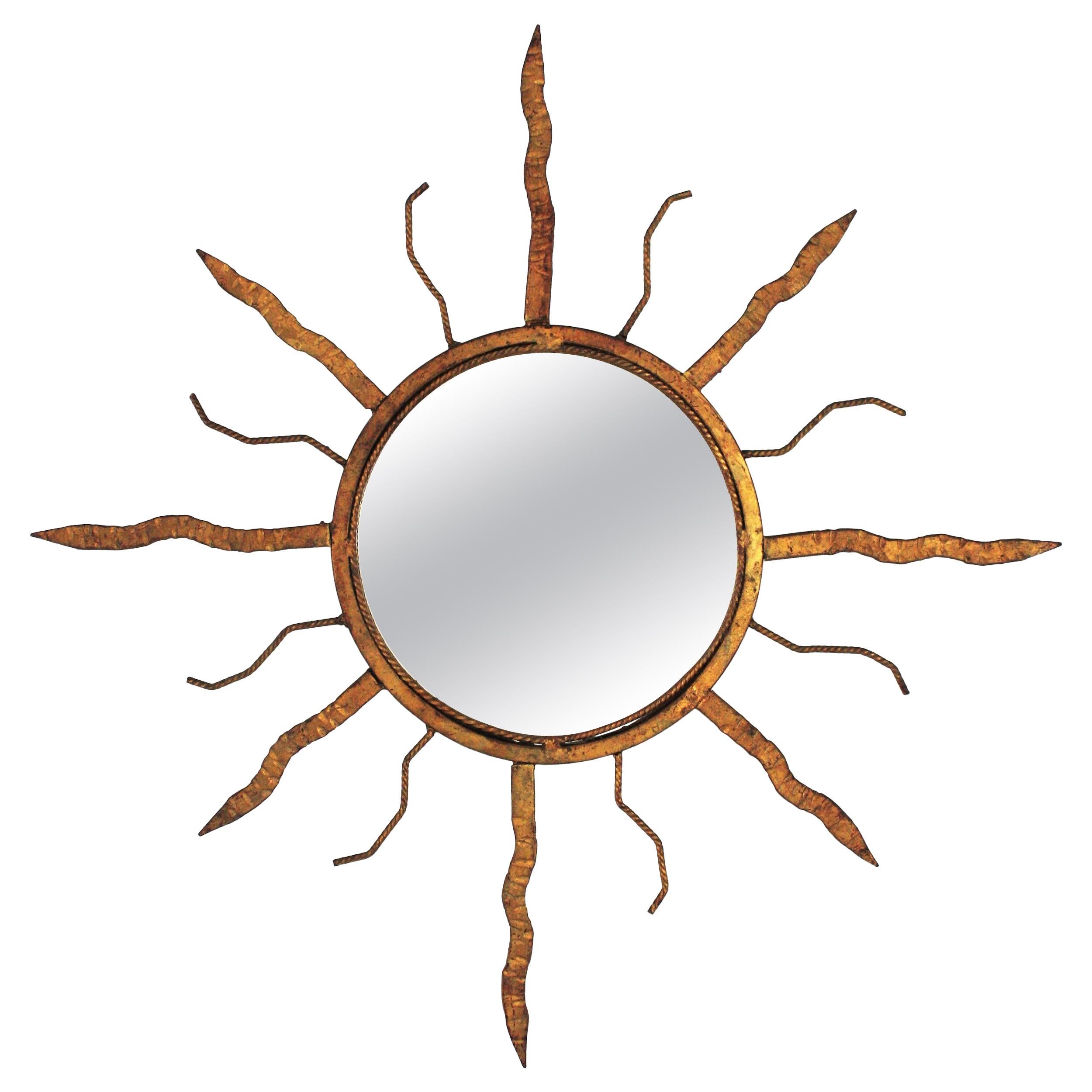 Sunburst Mirror in Gilt Iron in the Style of Poillerat