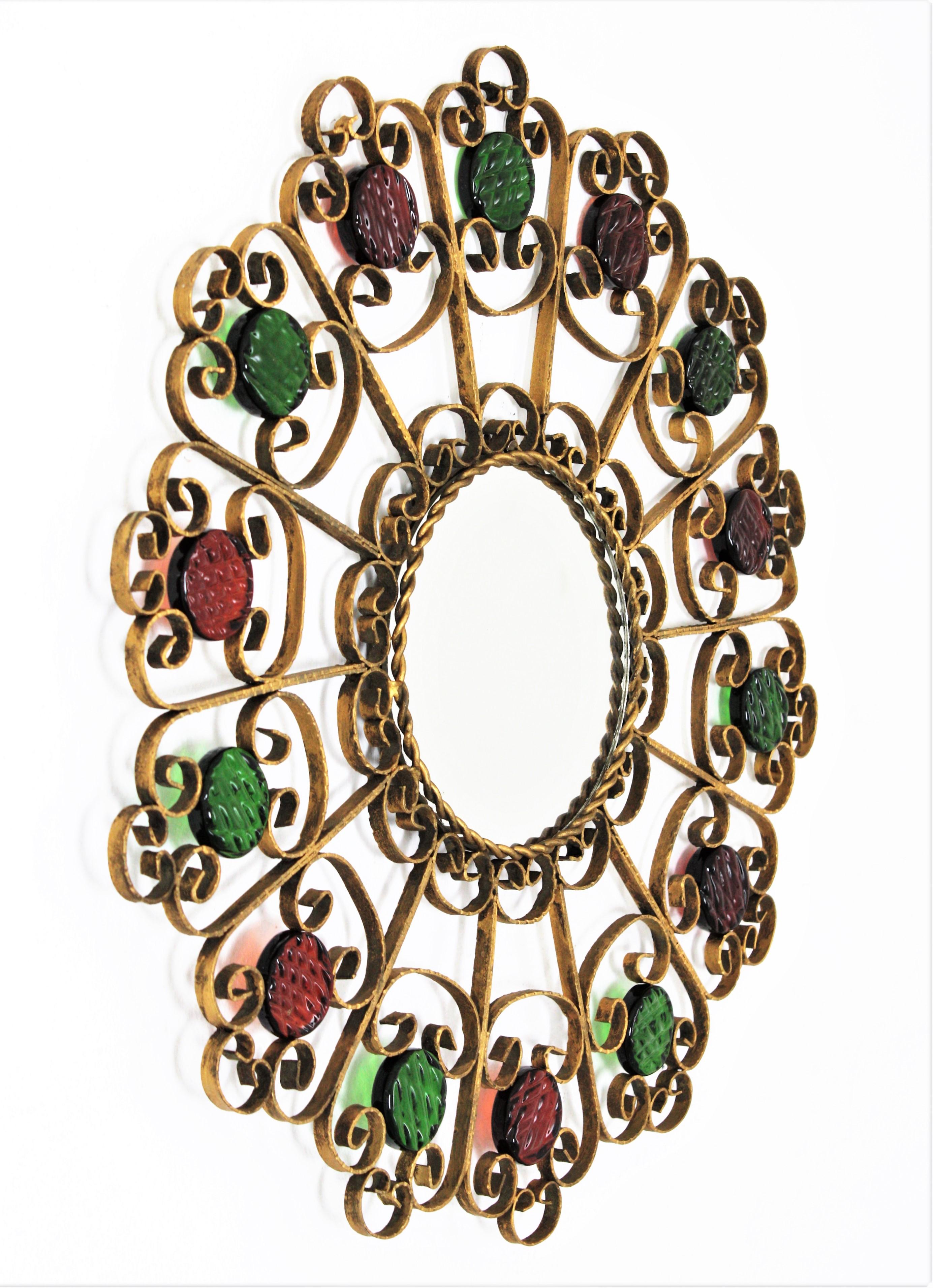 Sunburst Mirror in Gilt Metal and Red and Green Glass For Sale 3