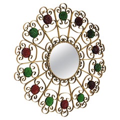 Sunburst Mirror in Gilt Metal and Red and Green Glass
