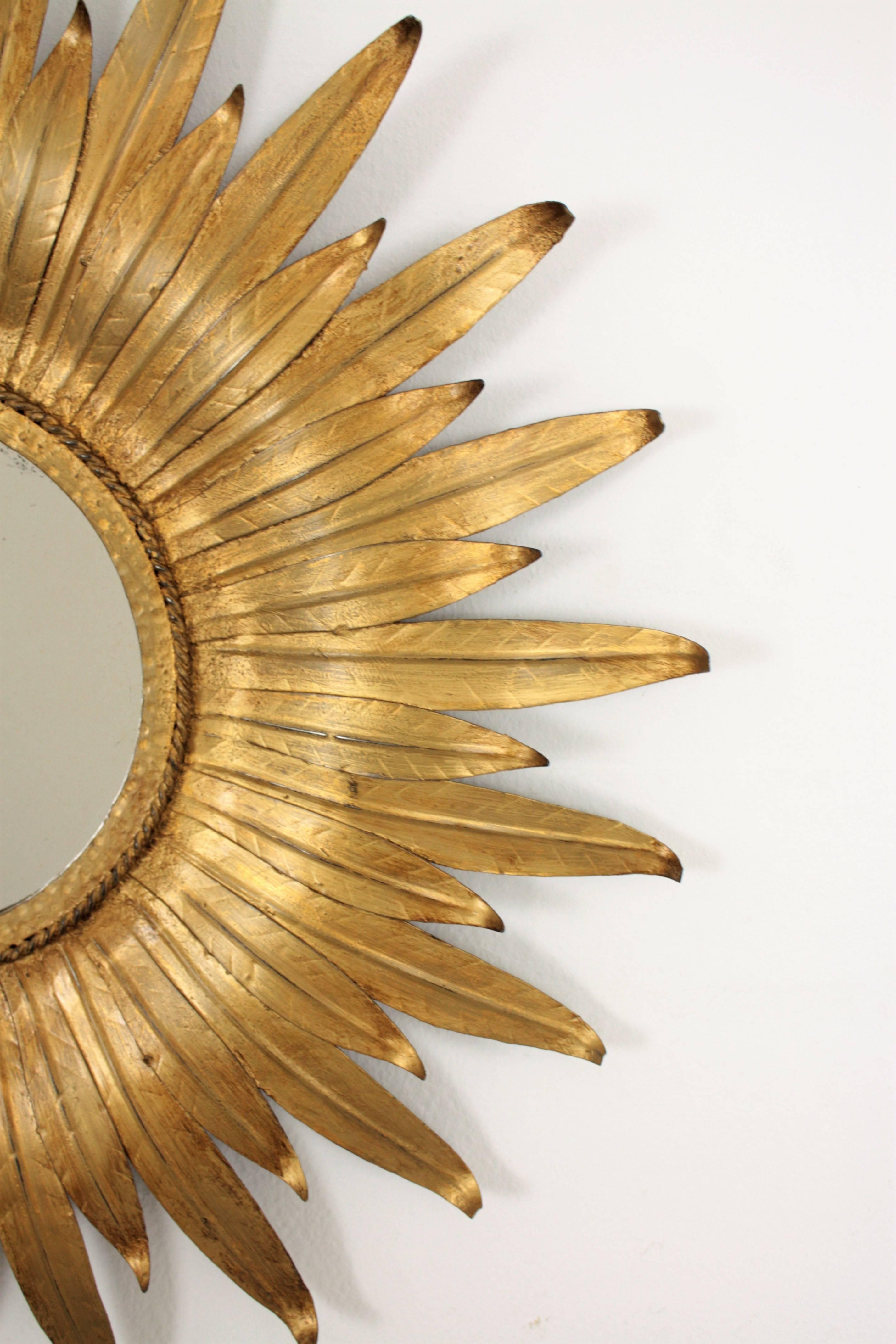 Mid-Century Modern Spanish Sunburst Leafed Mirror in Gilt Metal