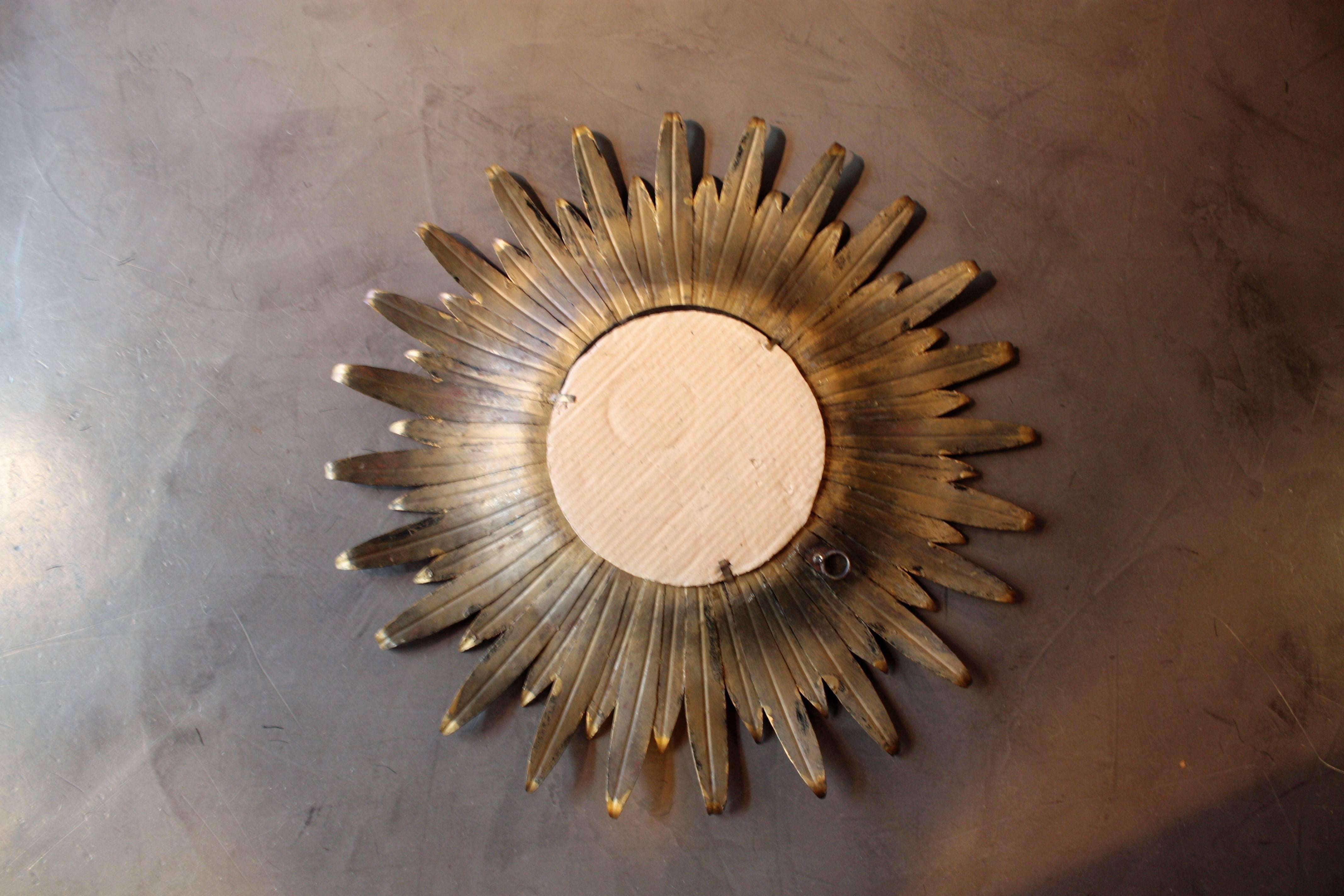 20th Century Spanish Sunburst Leafed Mirror in Gilt Metal
