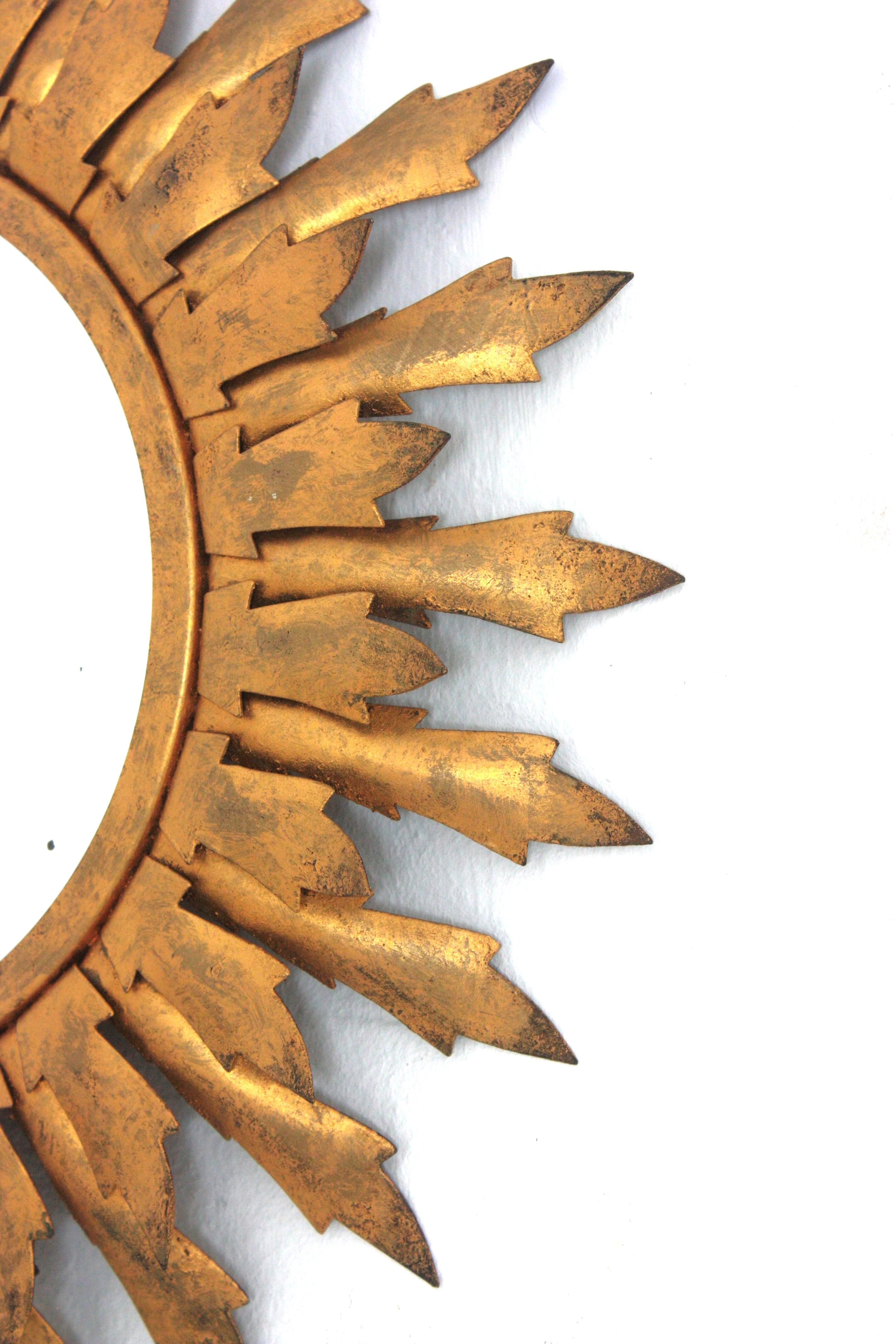 Sunburst Mirror in Gilt Metal with Double Leafed Frame, 1950s For Sale 4