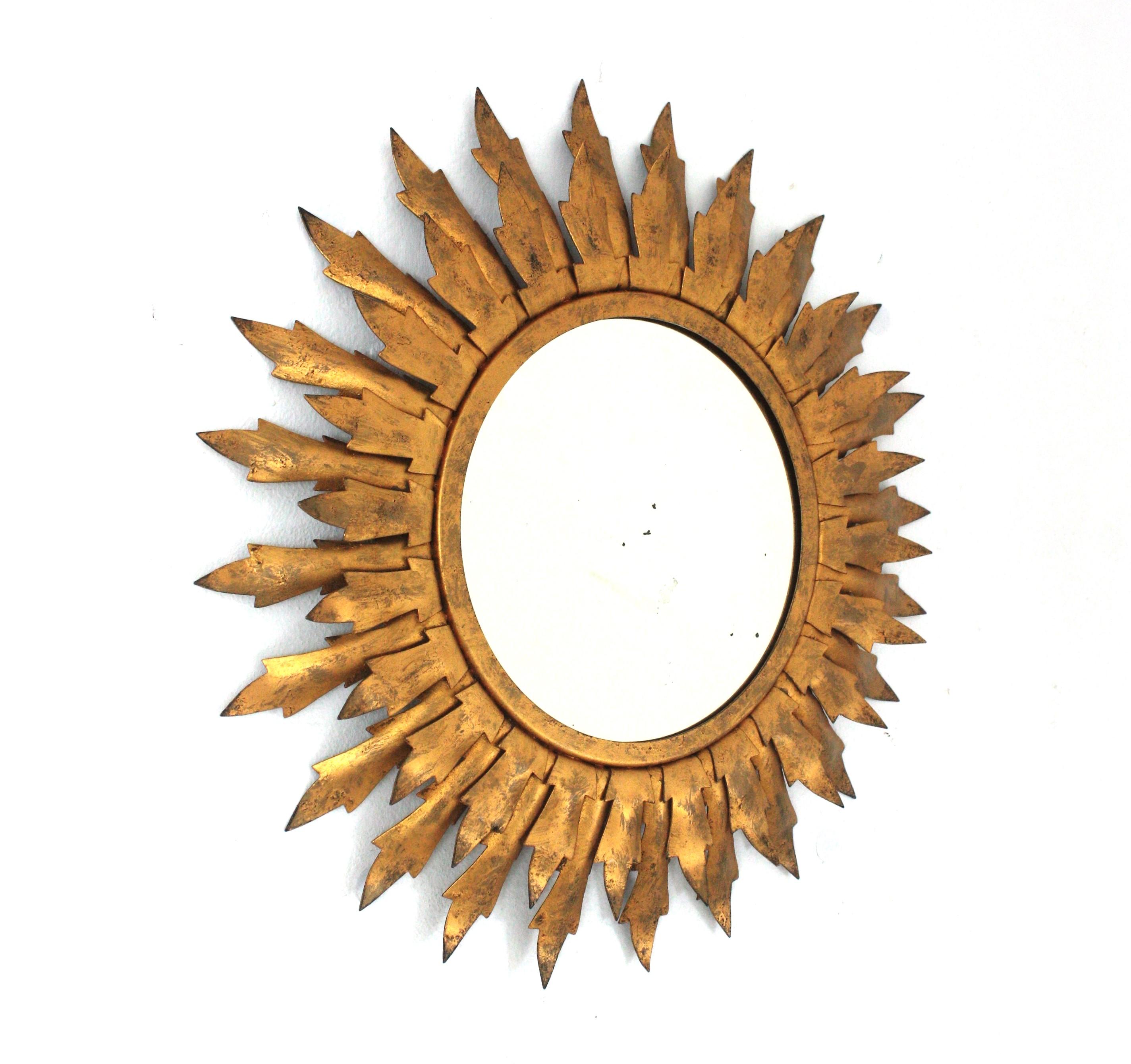 Mid-Century Modern Sunburst Mirror in Gilt Metal with Double Leafed Frame, 1950s For Sale