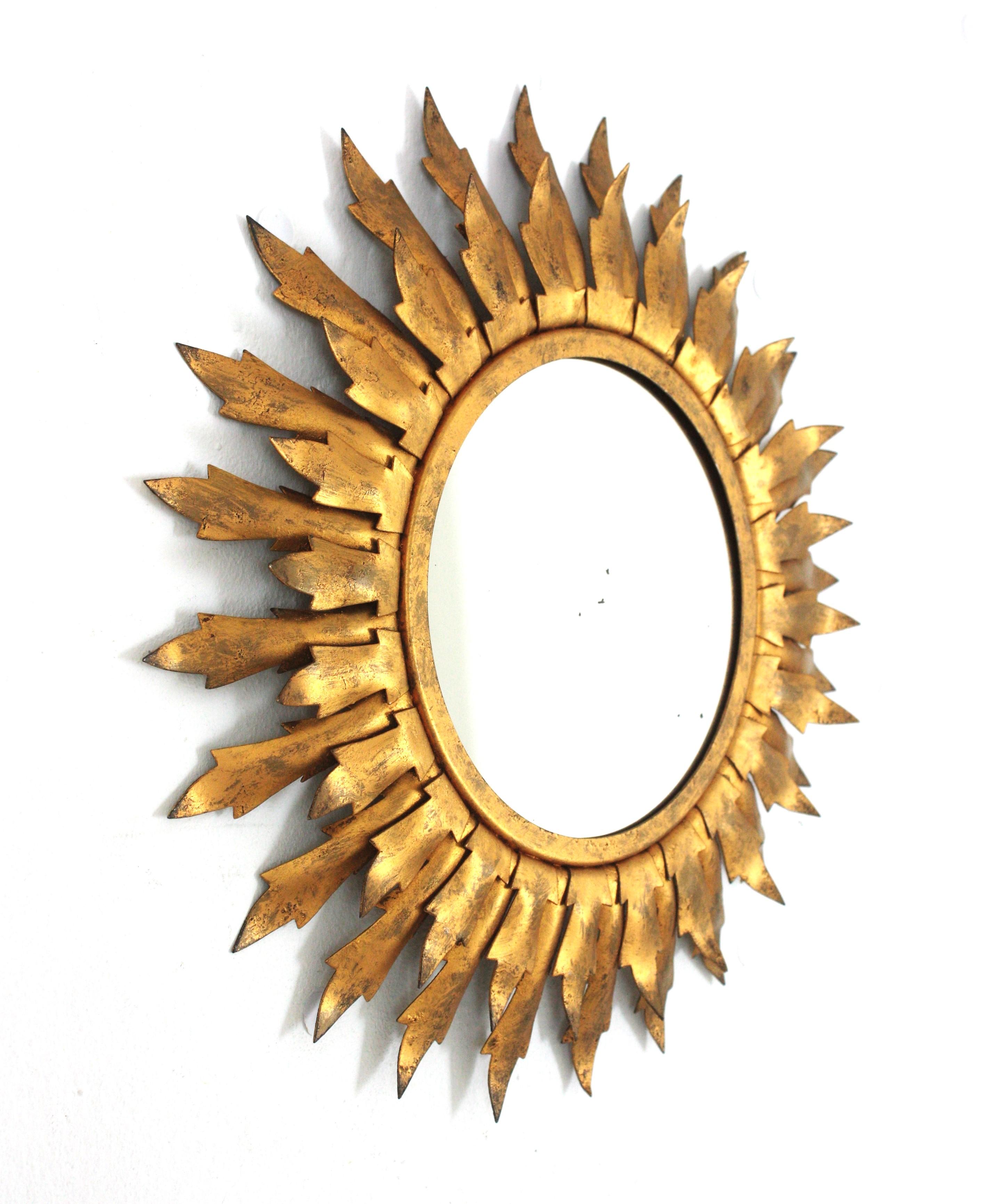 Spanish Sunburst Mirror in Gilt Metal with Double Leafed Frame, 1950s For Sale
