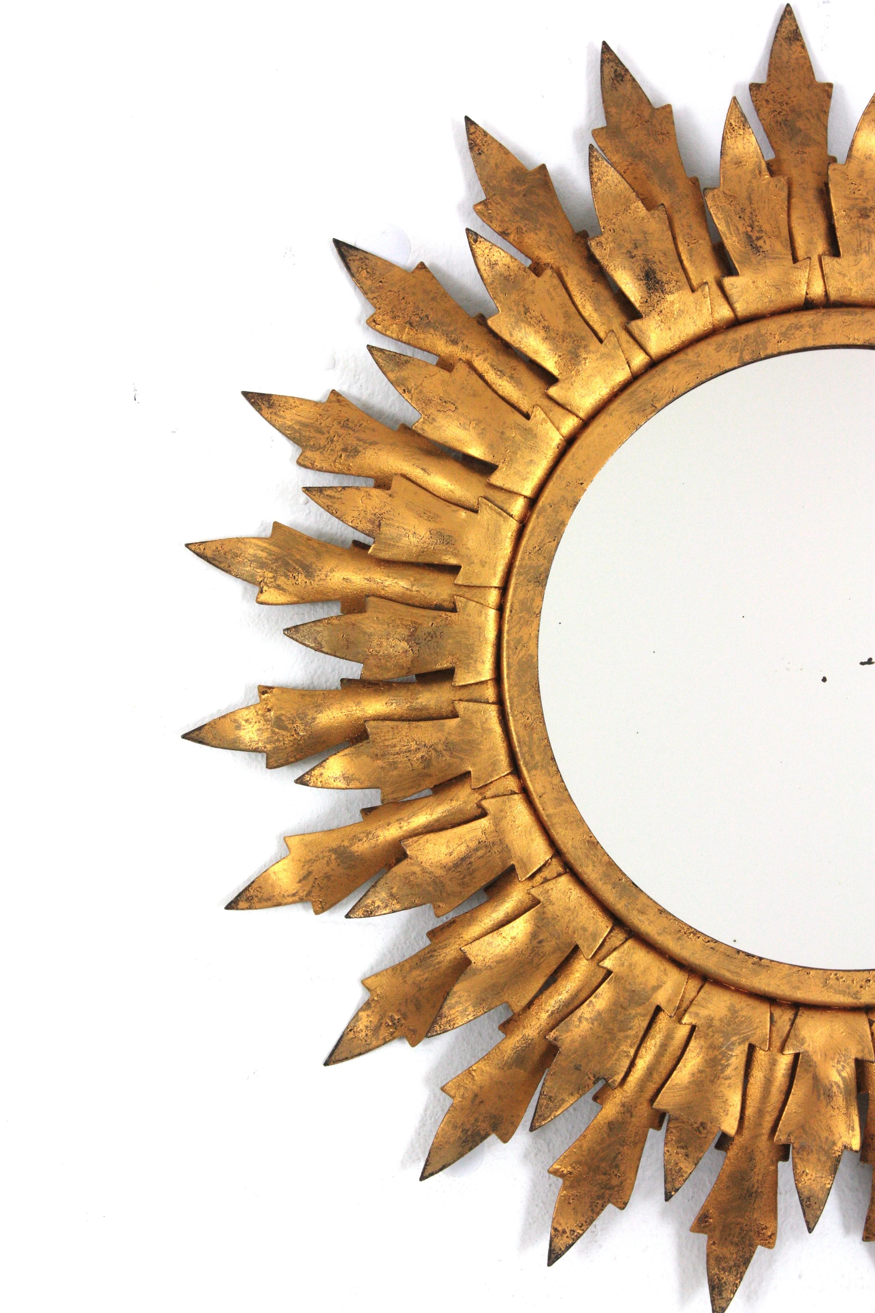 20th Century Sunburst Mirror in Gilt Metal with Double Leafed Frame, 1950s For Sale