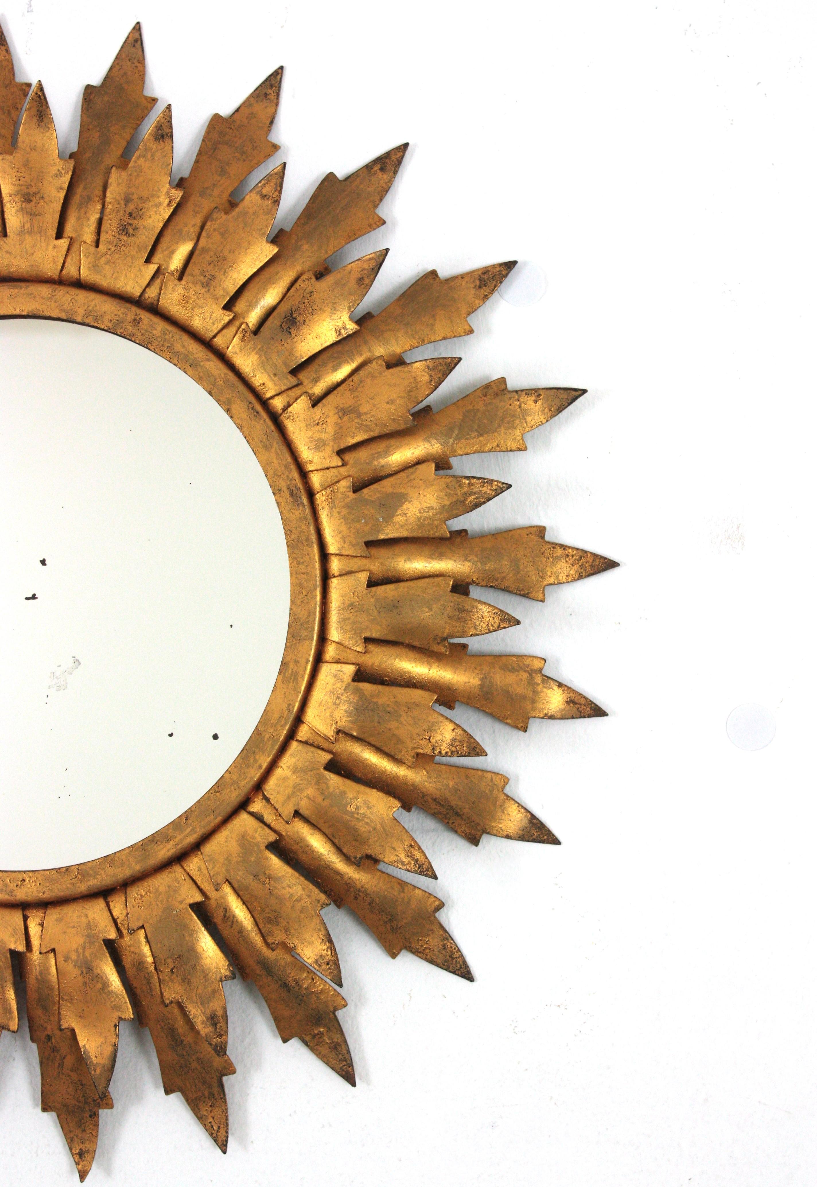 Sunburst Mirror in Gilt Metal with Double Leafed Frame, 1950s For Sale 1