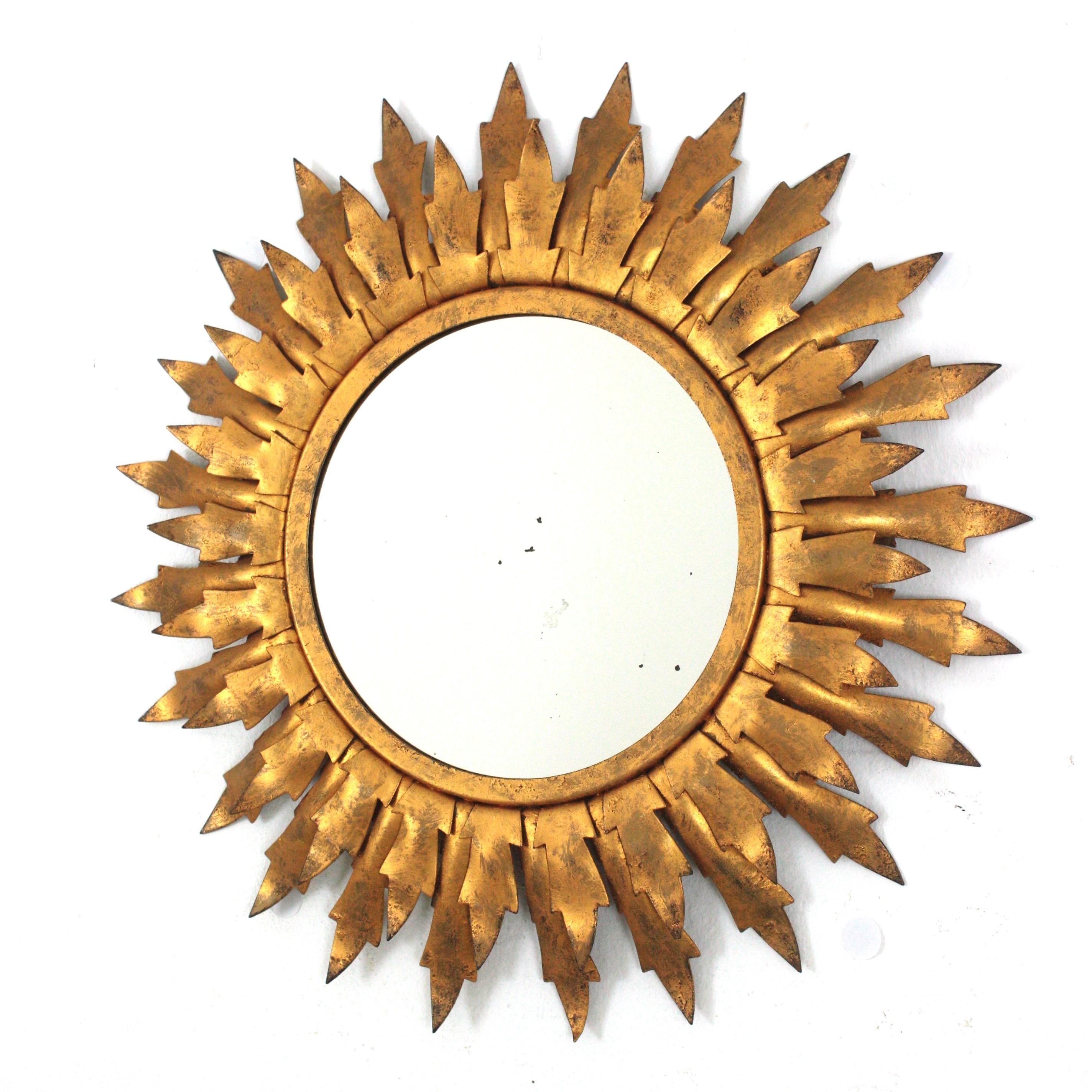 Sunburst Mirror in Gilt Metal with Double Leafed Frame, 1950s For Sale 2