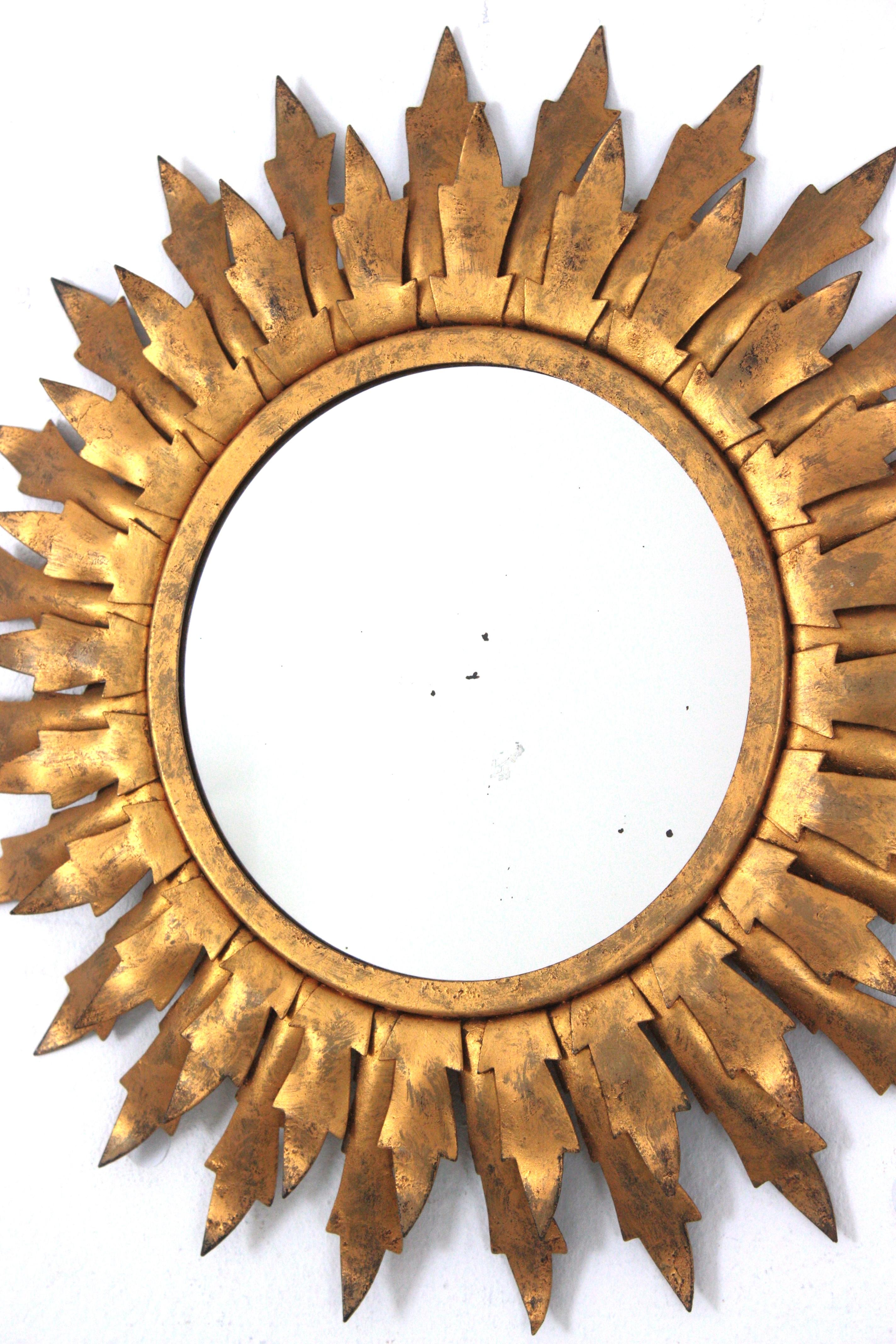 Sunburst Mirror in Gilt Metal with Double Leafed Frame, 1950s For Sale 3