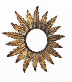 Sunburst Mirror in Gilt Metal with Leafed Design, 1950s