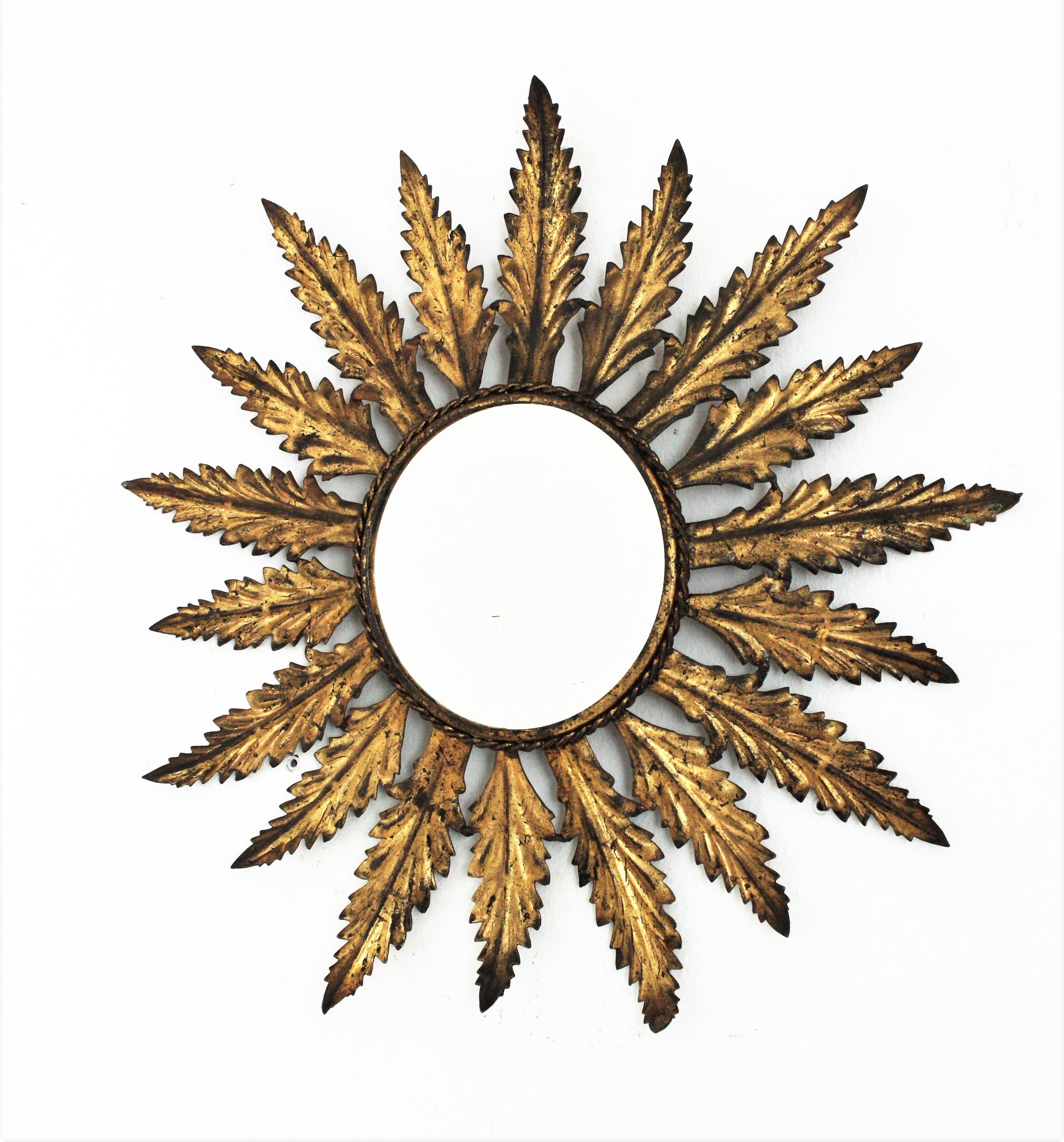 Mid-Century Modern Sunburst Mirror in Gilt Metal with Leaf Design, Spain, 1950s For Sale