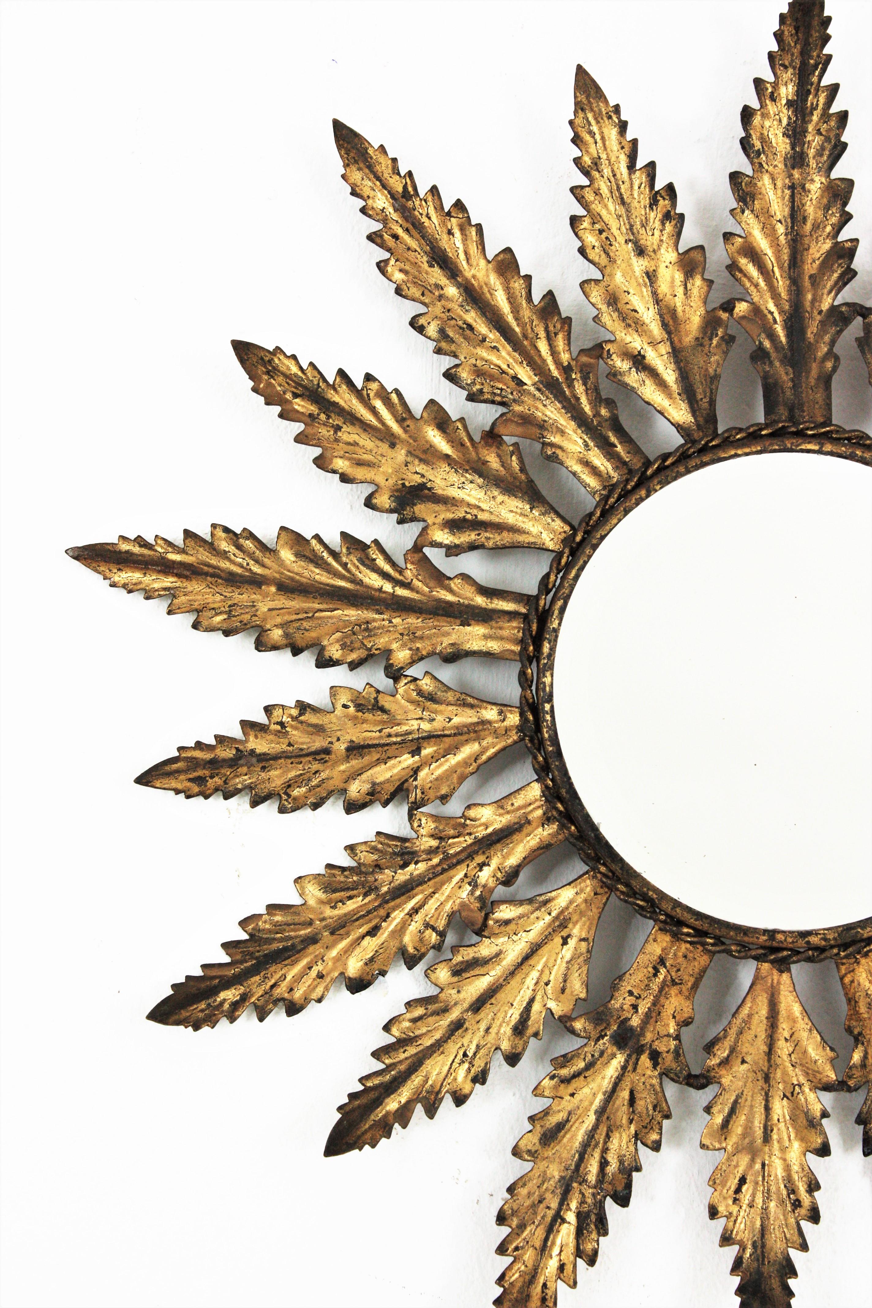 20th Century Sunburst Mirror in Gilt Metal with Leaf Design, Spain, 1950s For Sale