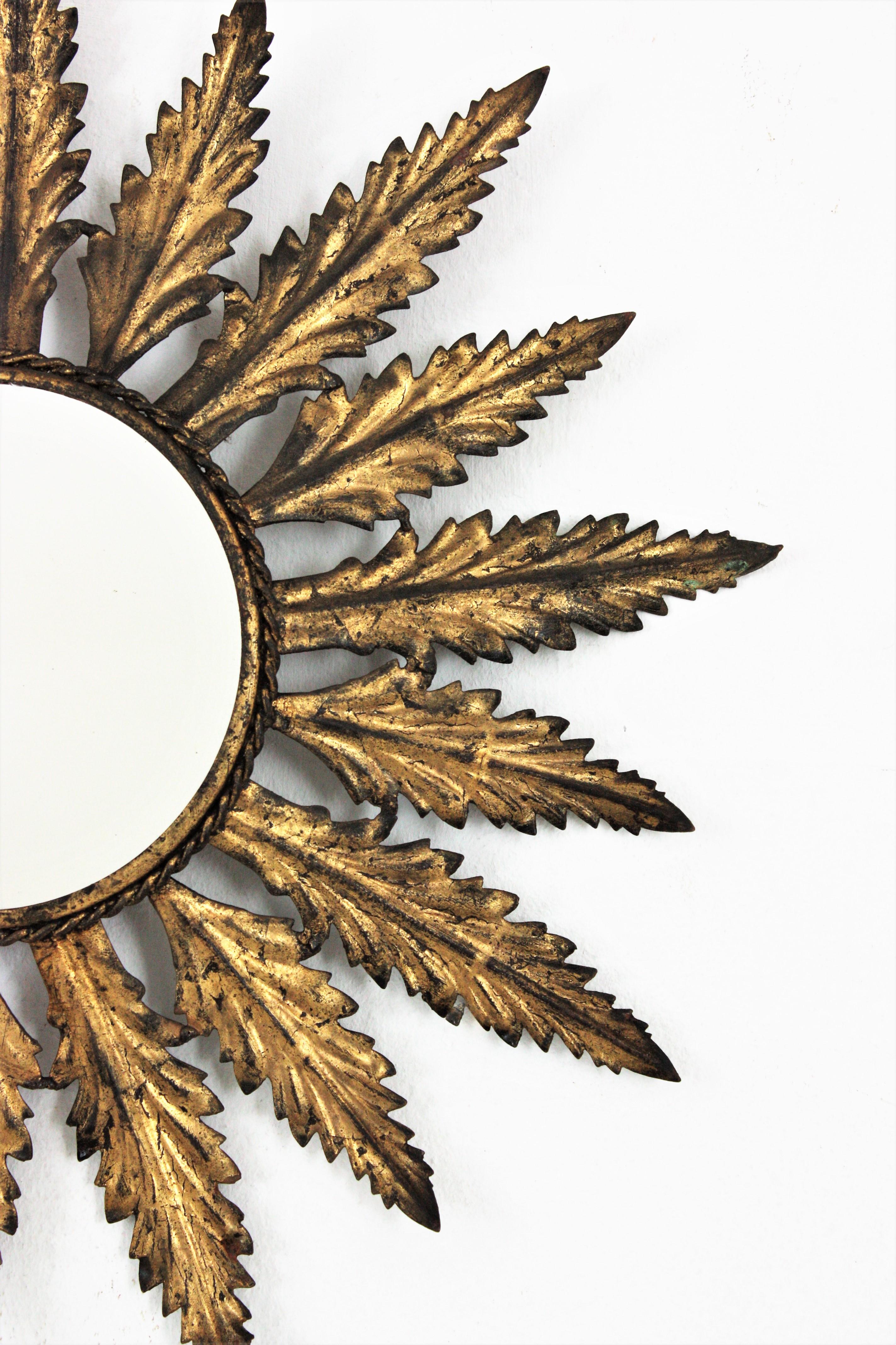 Sunburst Mirror in Gilt Metal with Leaf Design, Spain, 1950s For Sale 1