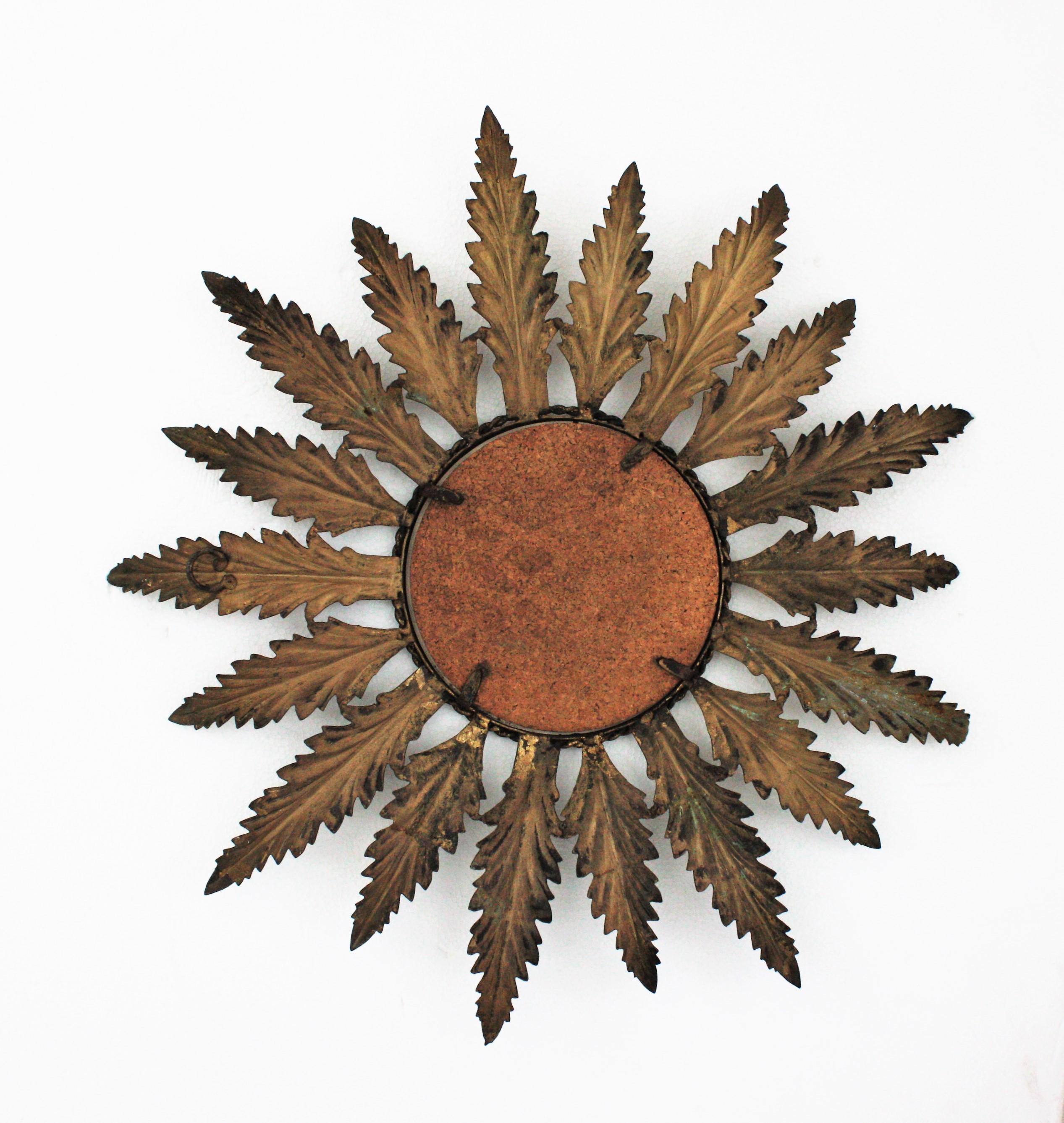 Sunburst Mirror in Gilt Metal with Leaf Design, Spain, 1950s For Sale 2