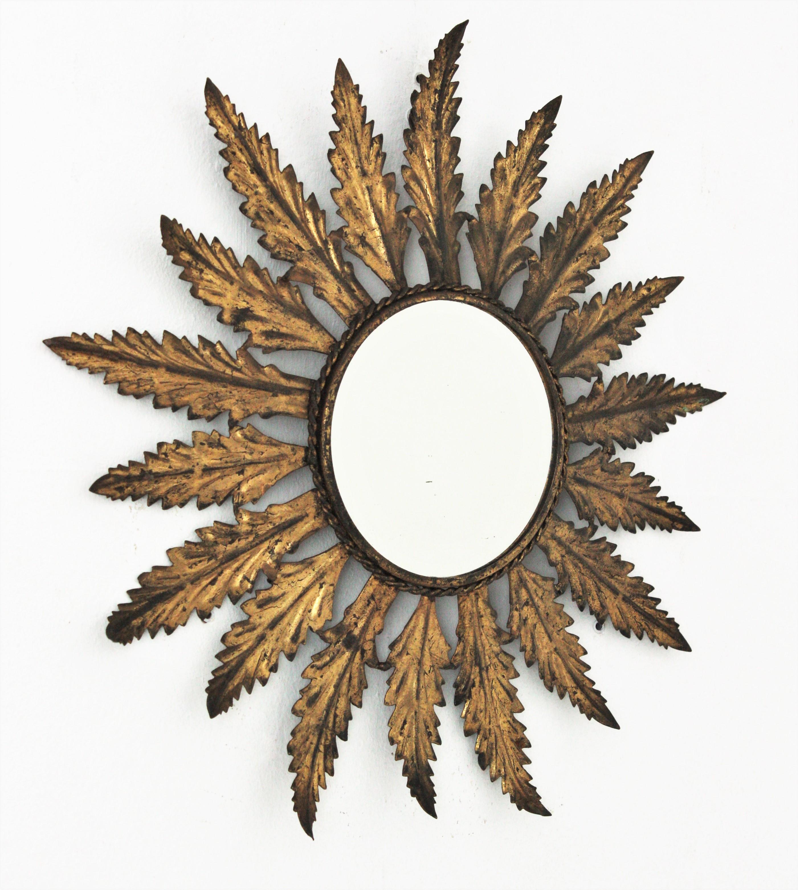 Sunburst Mirror in Gilt Metal with Leaf Design, Spain, 1950s For Sale 3