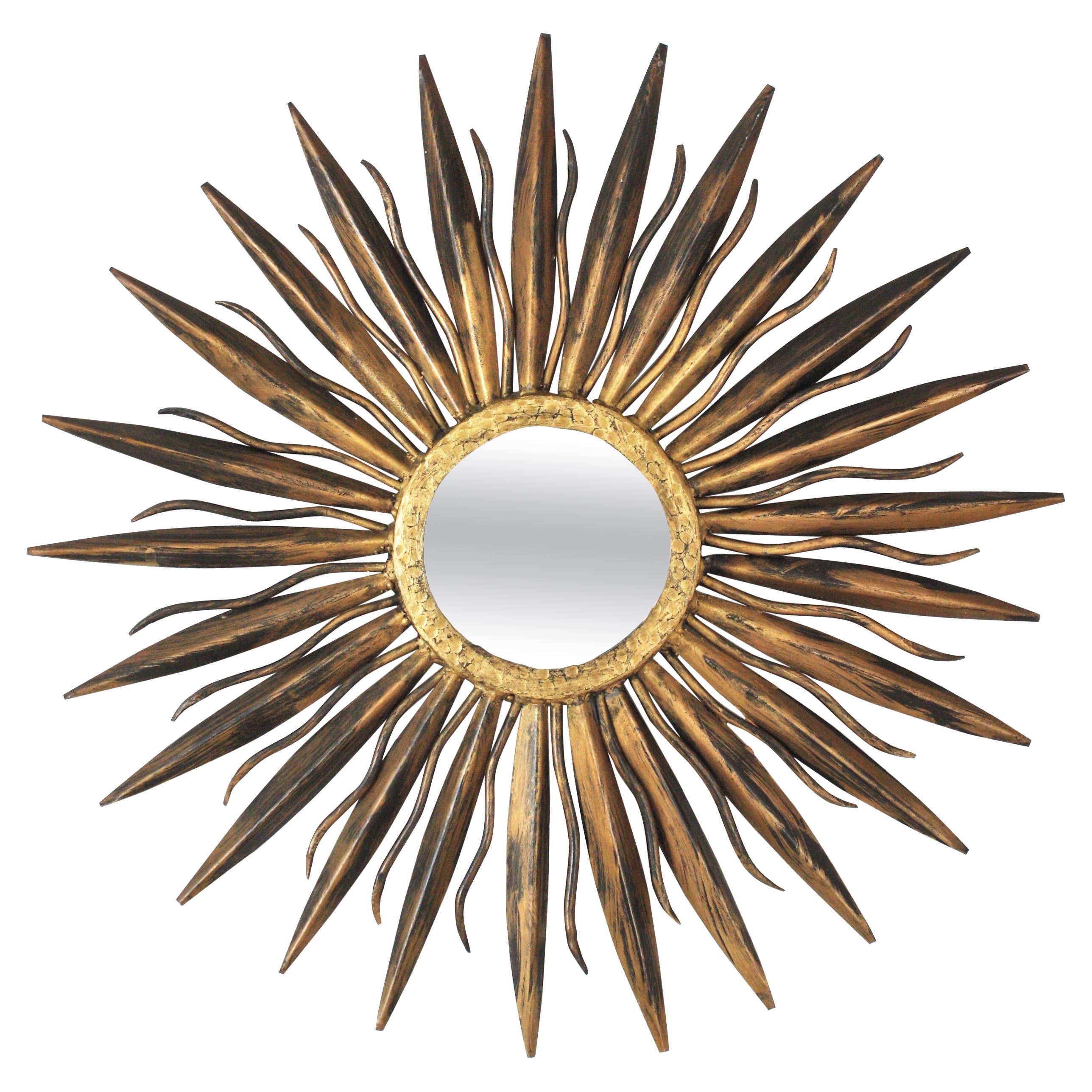 Sunburst-Spiegel aus vergoldetem Schmiedeeisen, 1940er Jahre