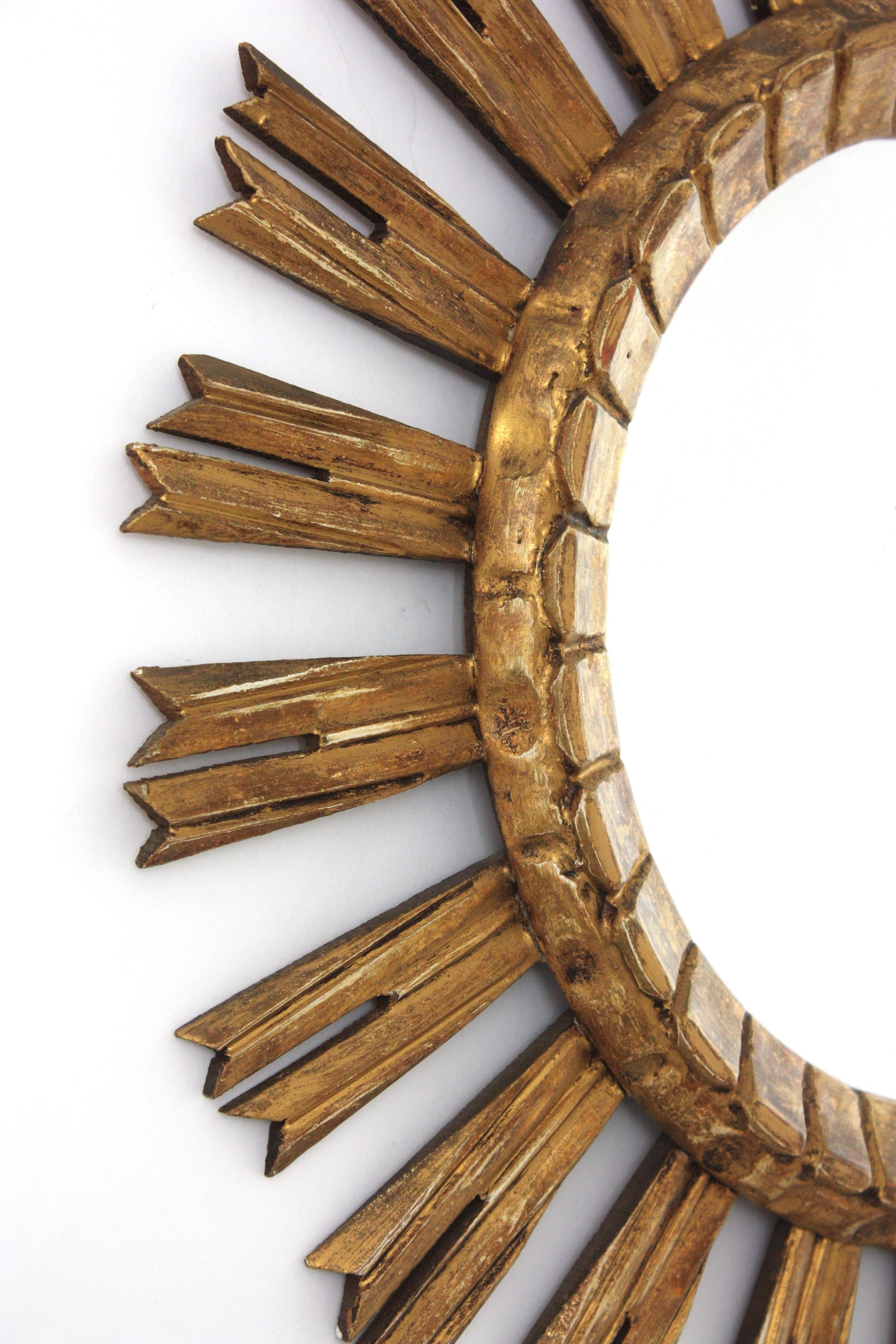 Hand-Crafted Sunburst Mirror in Giltwood, 1940s For Sale