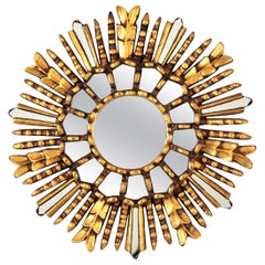 Specchio Sunburst in legno dorato con inserti in specchio, anni '50