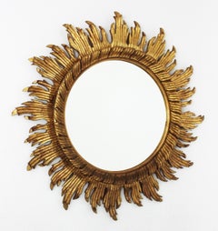Spanish Sunburst Mirror in Carved Giltwood, 1950s