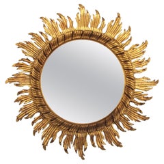 Spanish Sunburst Mirror in Carved Giltwood, 1950s