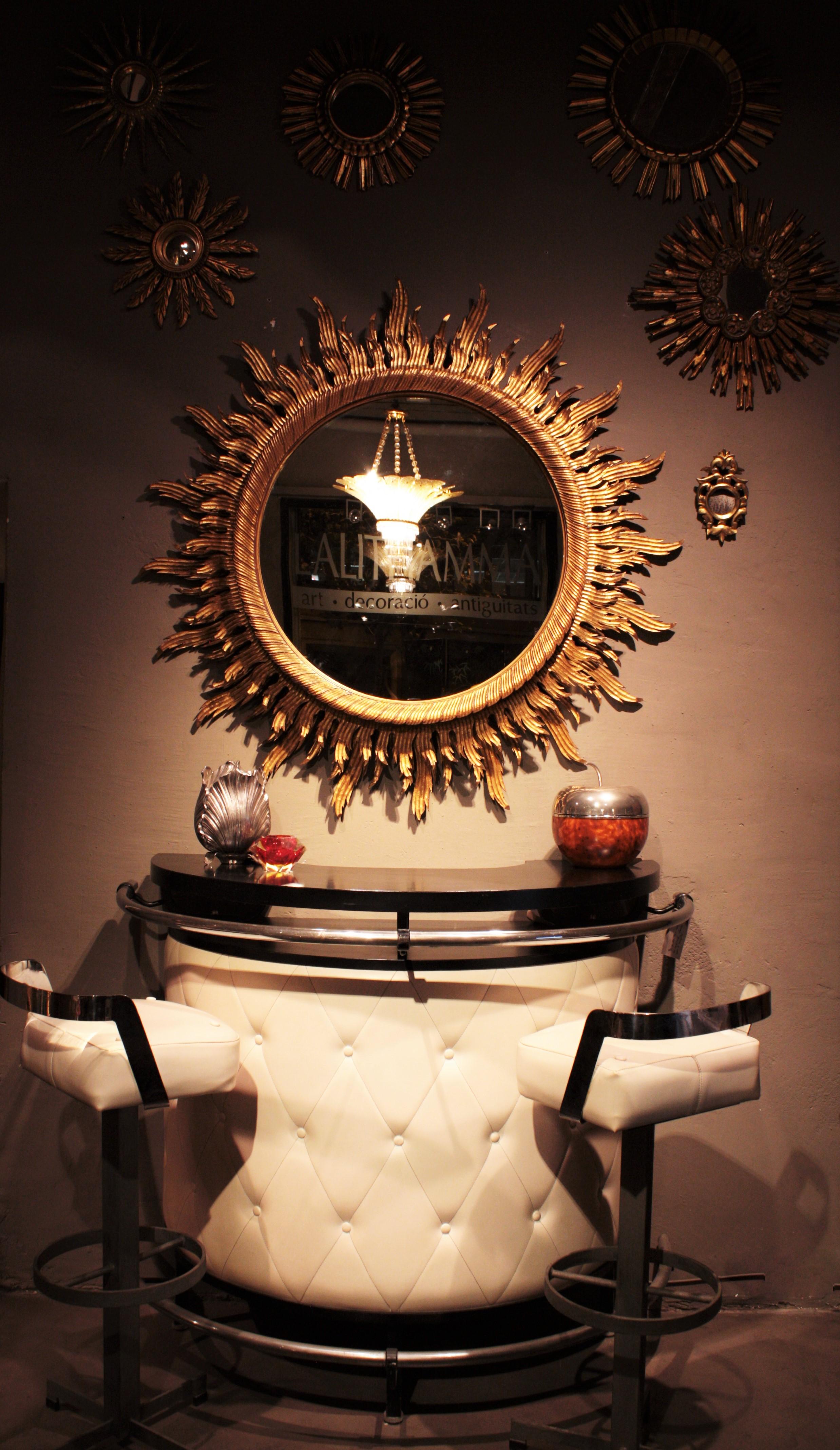 Spanish Oversized Gilt Sunburst Mirror in Carved Wood, 52 inches For Sale