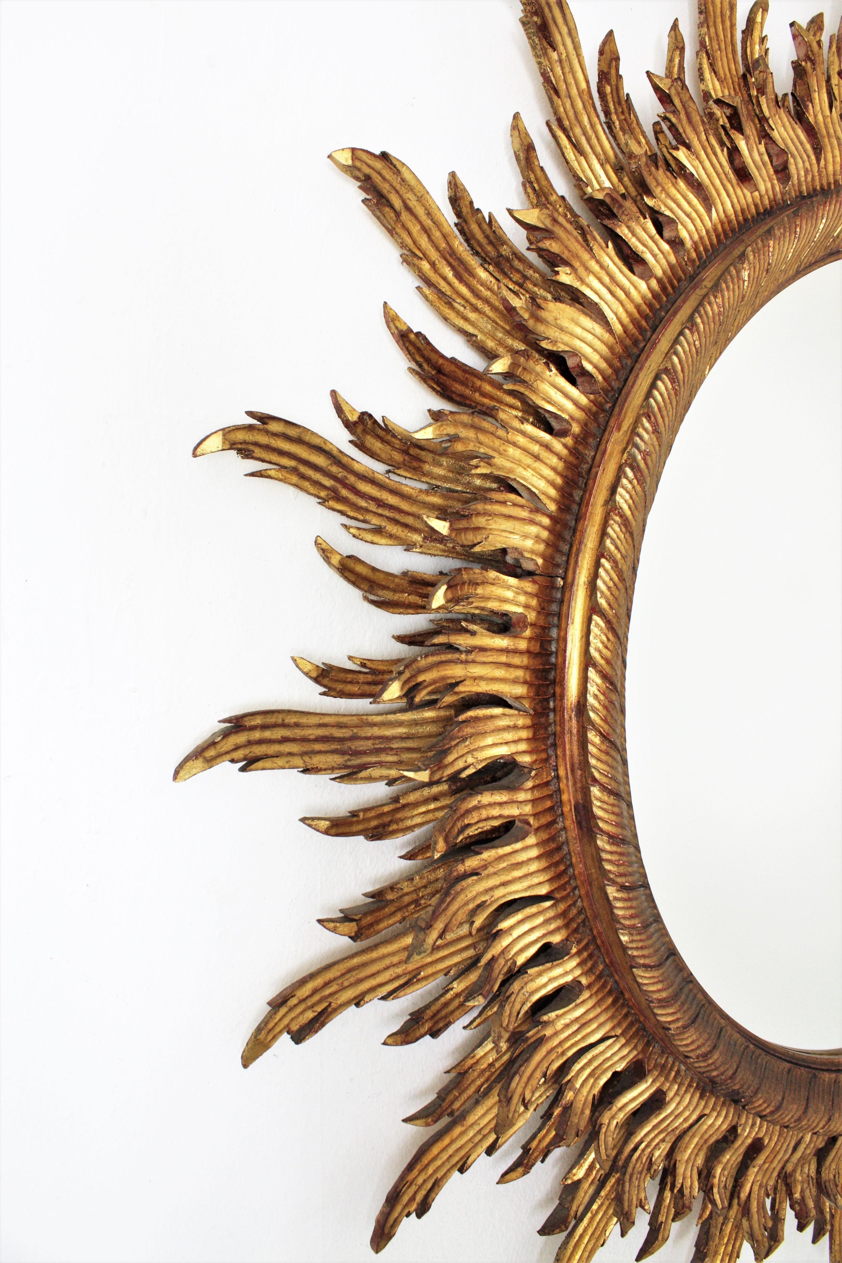 Oversized Gilt Sunburst Mirror in Carved Wood, 52 inches For Sale 2